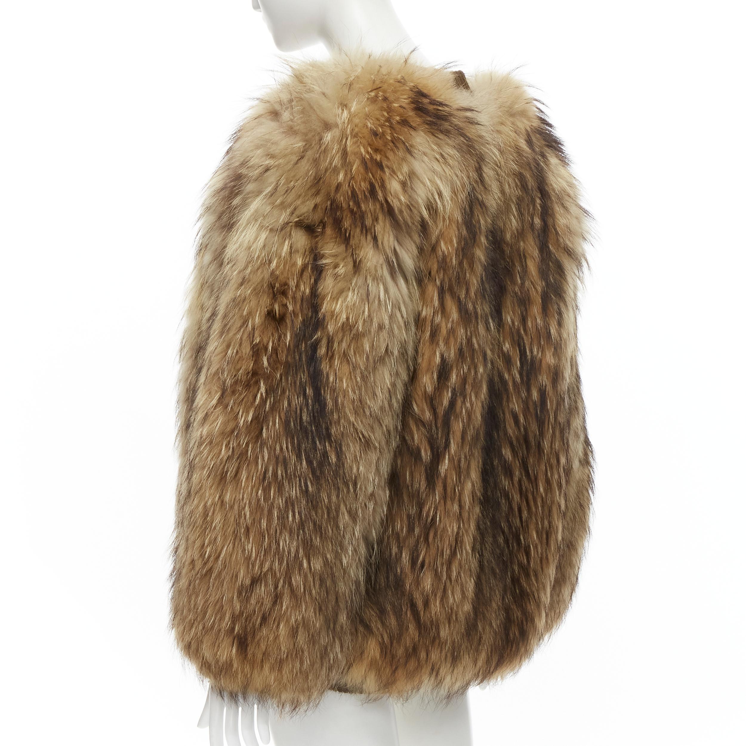 Brown HERMES 1980s brown raccoon fur printed fur scarf lining jacket FR42 L