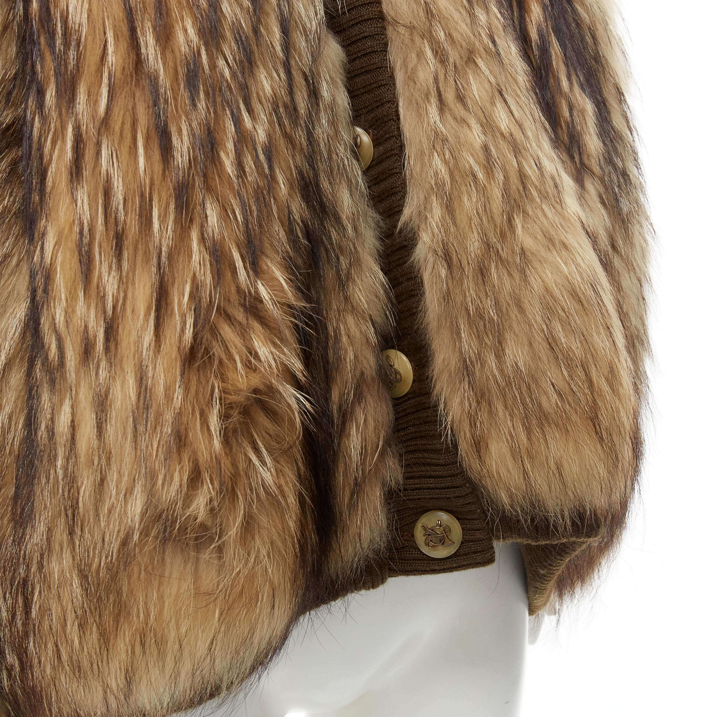 HERMES 1980s brown raccoon fur printed fur scarf lining jacket FR42 L In Good Condition In Hong Kong, NT