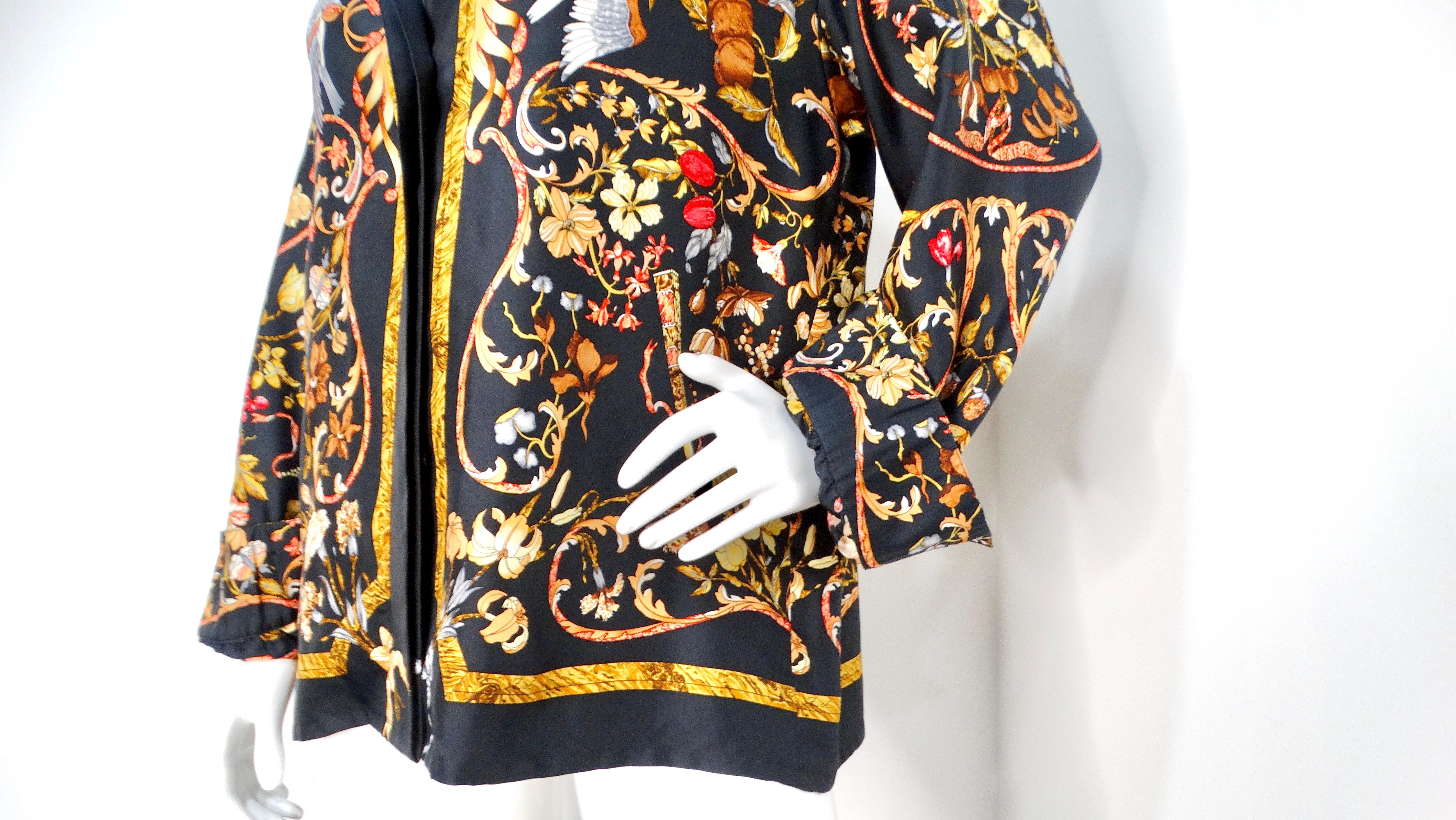 Camicia a maniche lunghe in seta con stampa floreale e di uccelli di Hermes degli anni '80 in vendita 5