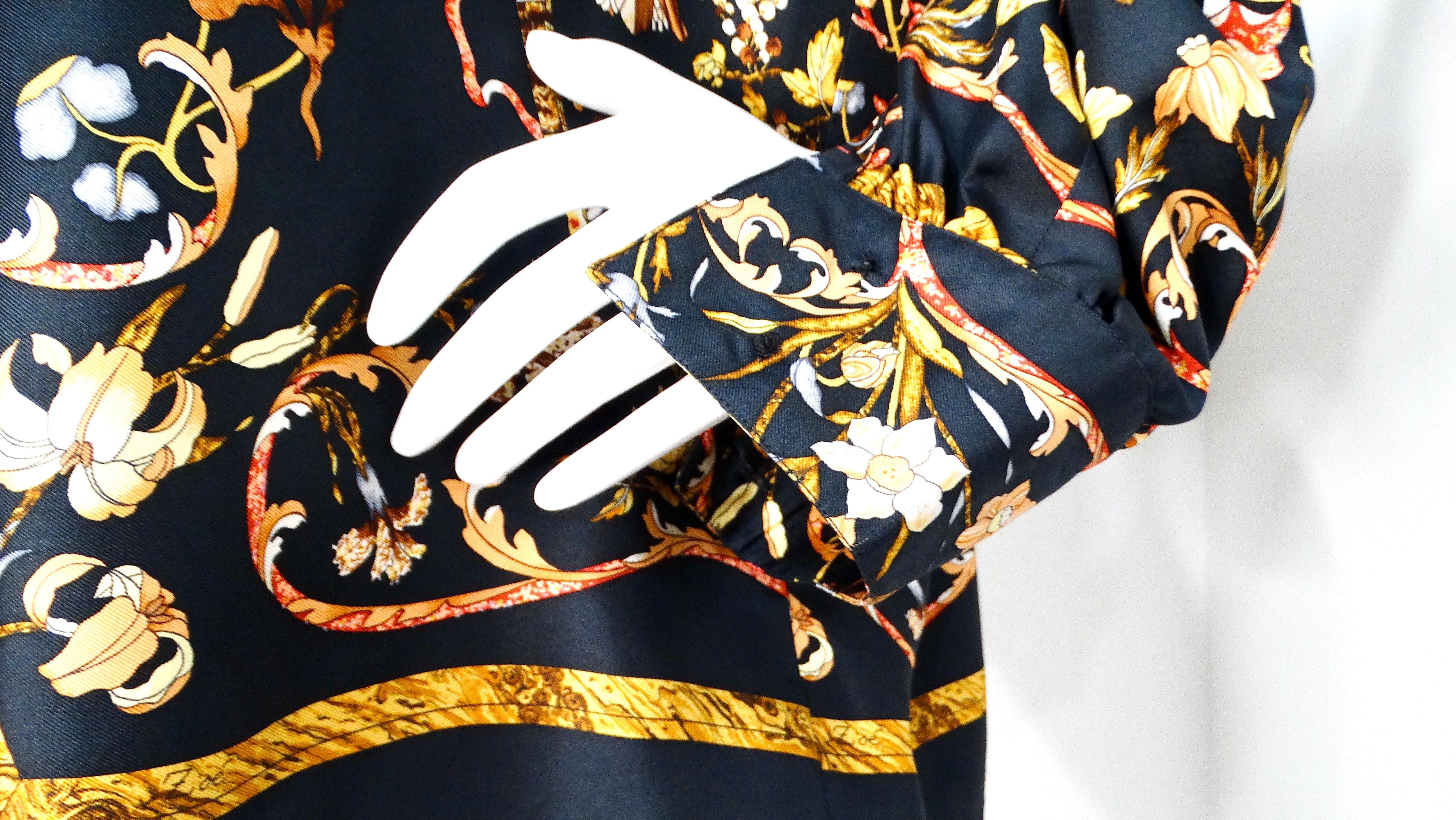 Camicia a maniche lunghe in seta con stampa floreale e di uccelli di Hermes degli anni '80 in vendita 6