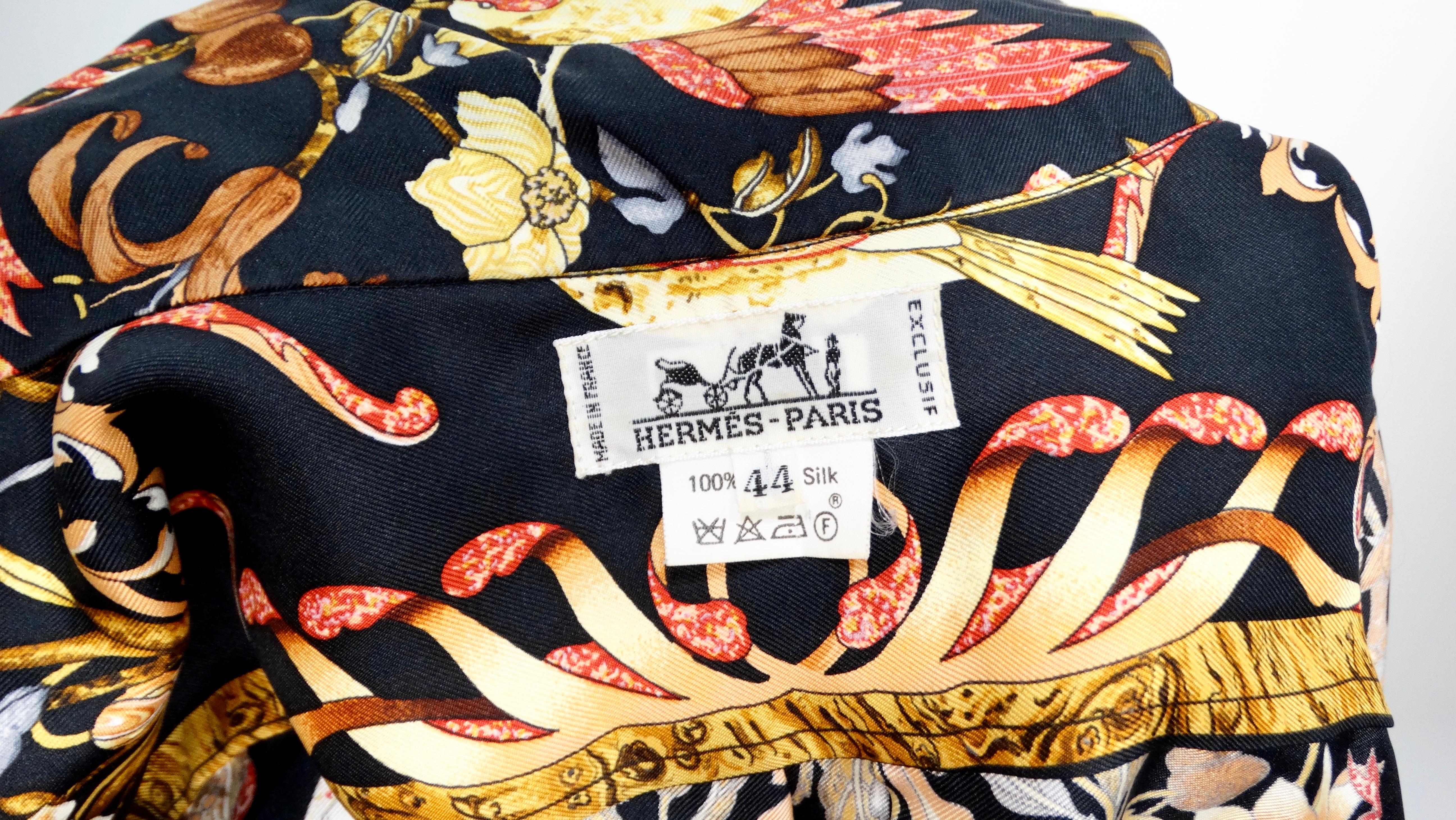 Camicia a maniche lunghe in seta con stampa floreale e di uccelli di Hermes degli anni '80 in vendita 8