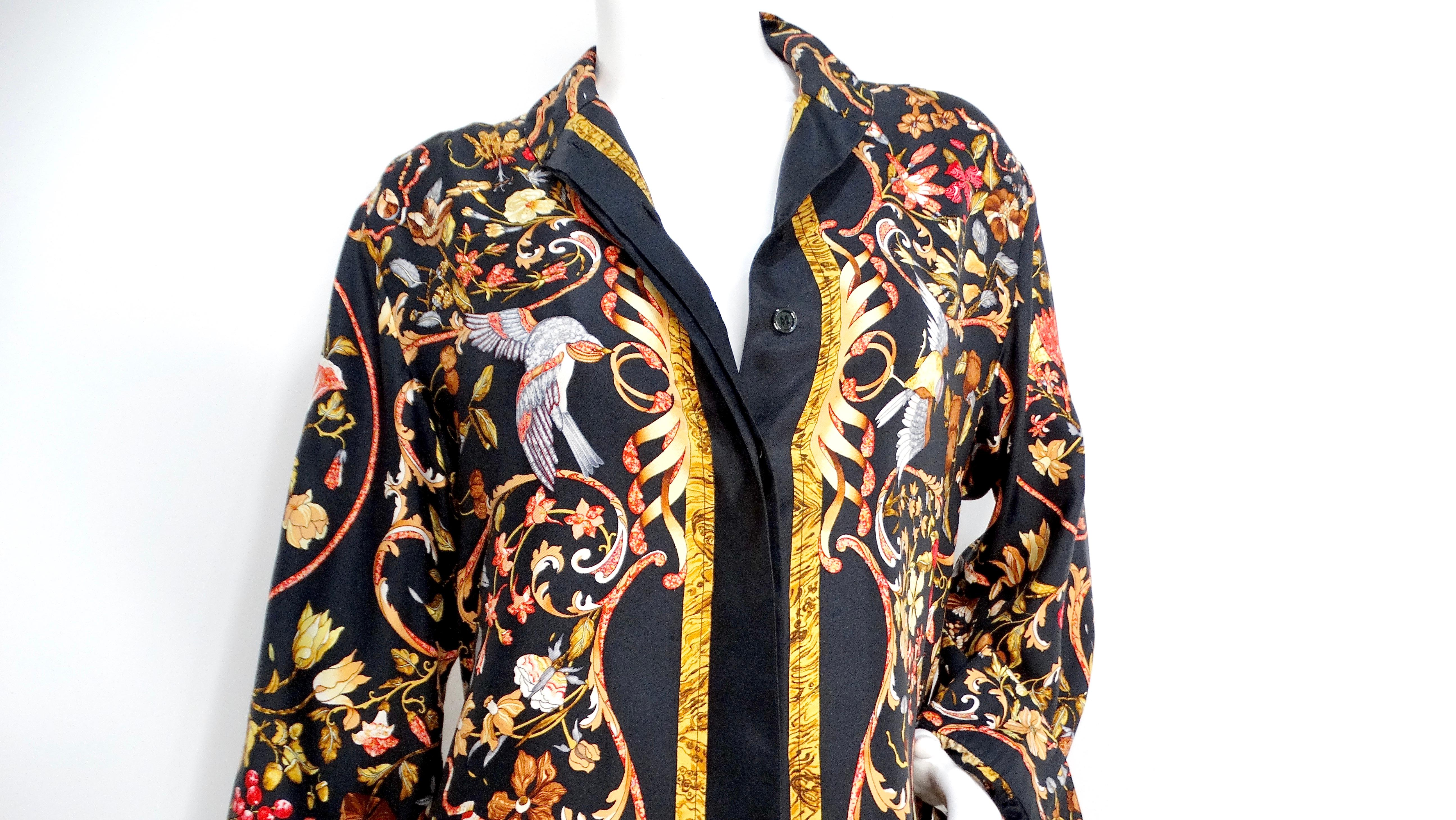 Nero Camicia a maniche lunghe in seta con stampa floreale e di uccelli di Hermes degli anni '80 in vendita