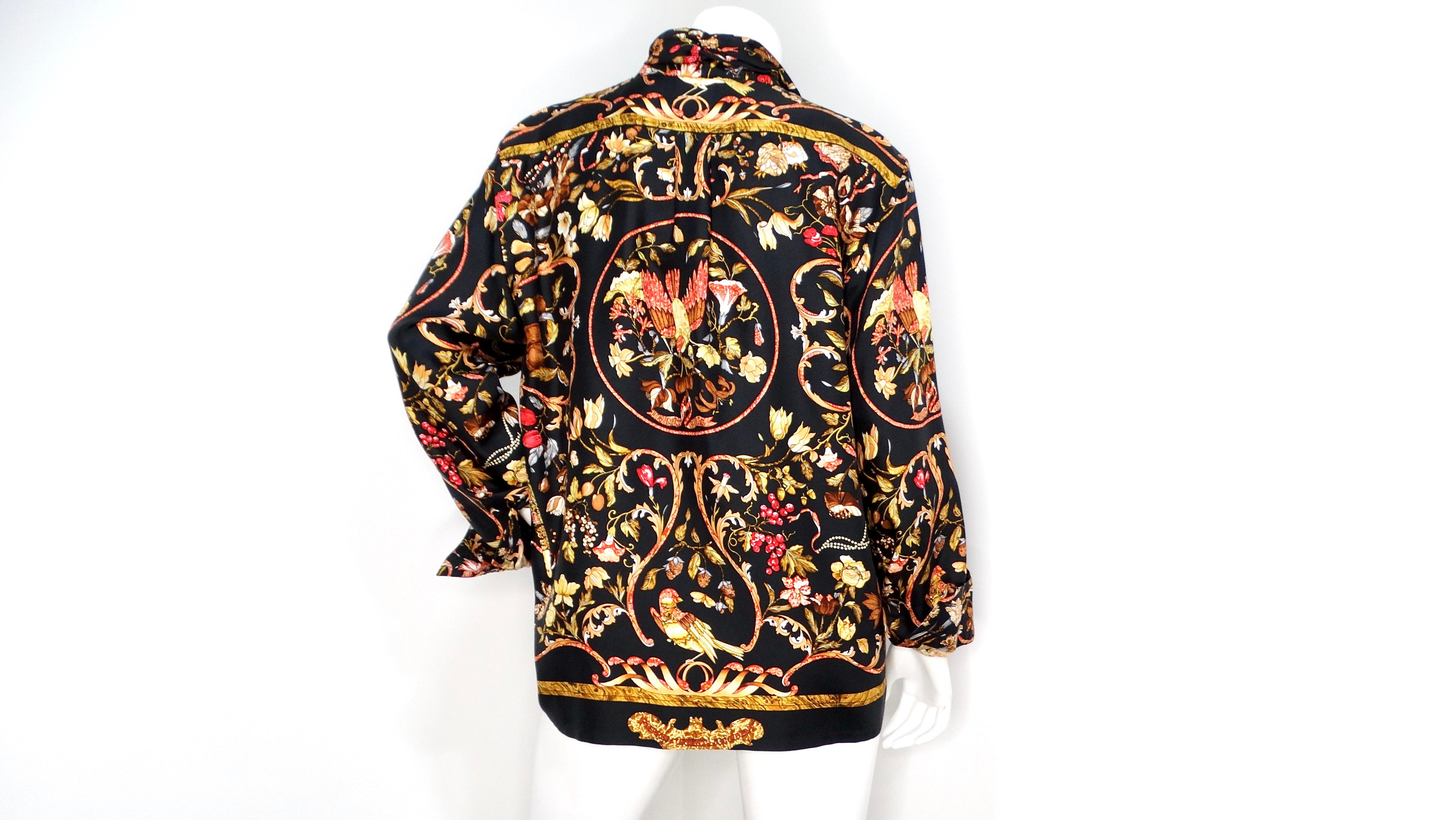 Camicia a maniche lunghe in seta con stampa floreale e di uccelli di Hermes degli anni '80 in vendita 2