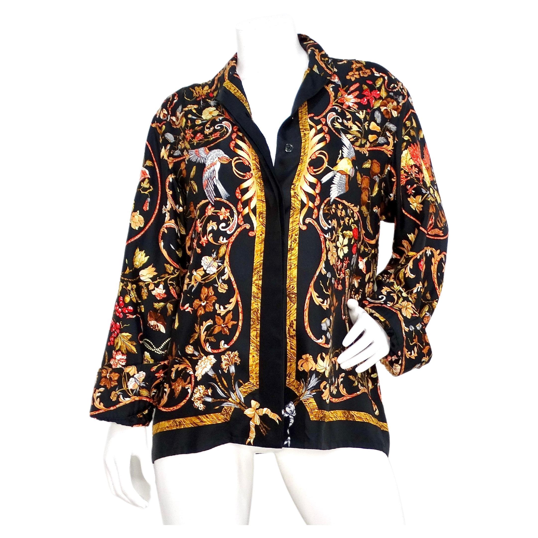 Camicia a maniche lunghe in seta con stampa floreale e di uccelli di Hermes degli anni '80