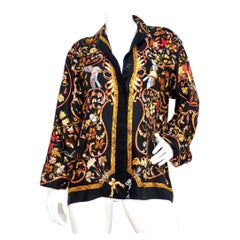 Hermes 1980s Floral and Bird Print Silk Button-Up Long-sleeve Shirt