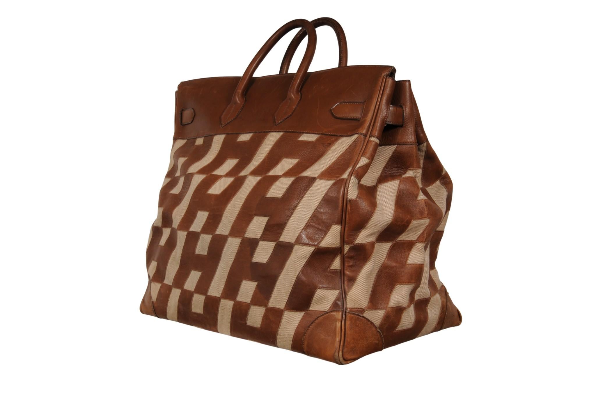 Hermes 1980's Haut à Courroies Hac 50 Birkin Tan Braun Ligne Ulysse Toile im Angebot 2