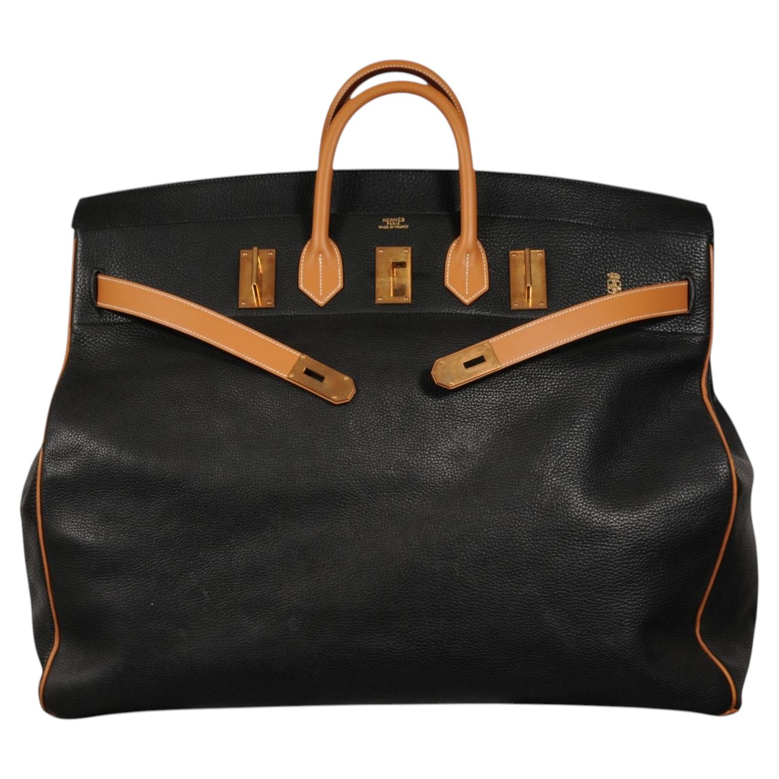 Hermes 1980 Haut À Courroies HAC 60 Nero Nature Tan Vache Fjord Box Vitello Oro