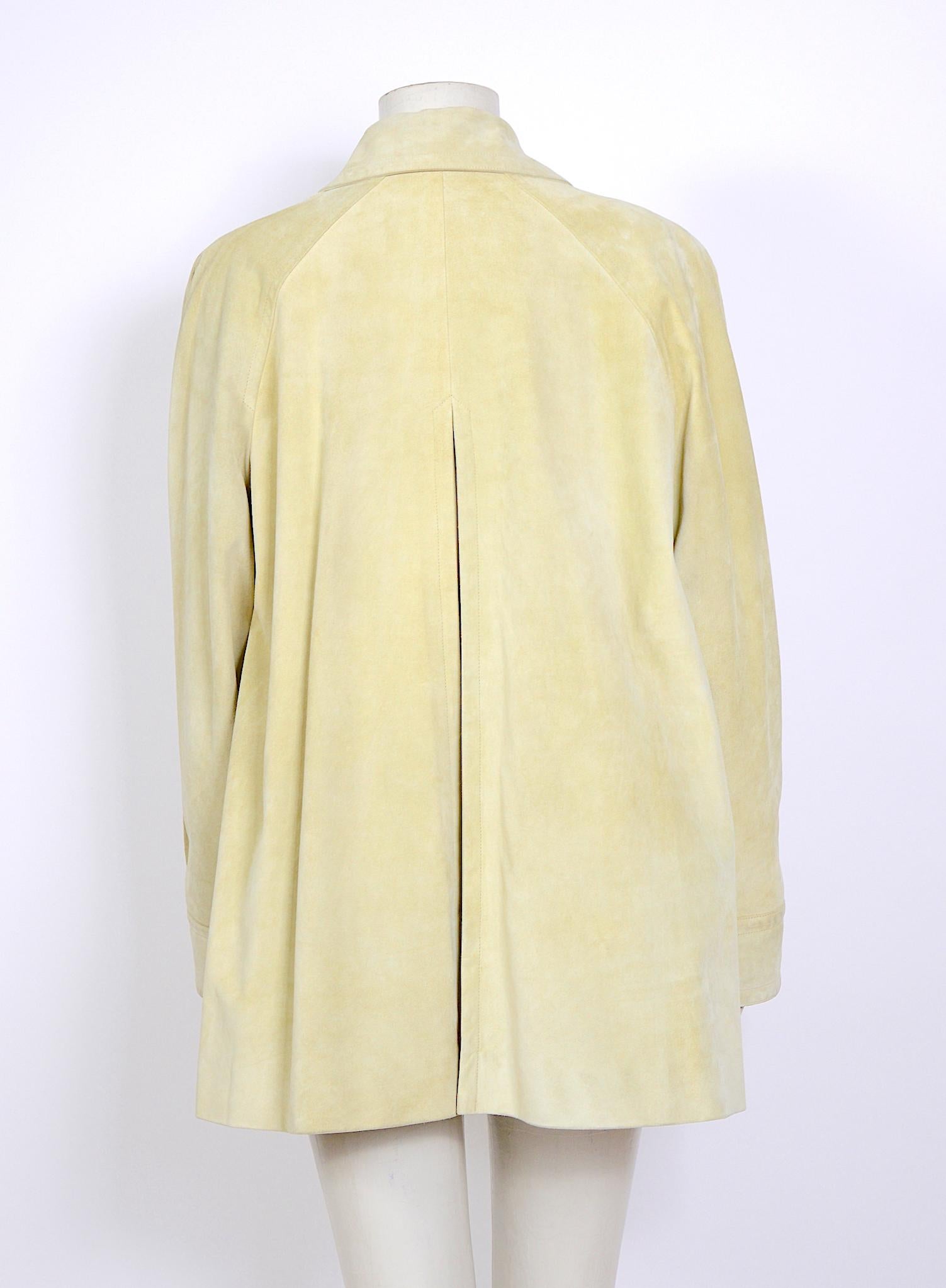 Beige Hermes 1980s vintage pastel pistachio/yellow suede swing style jacket