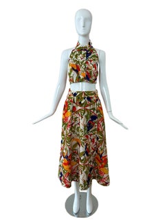 HERMES 1980's Vintage Vibrant Tropical Parrot Print Skirt Set Halter Top