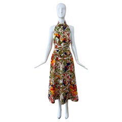 HERMES 1980's Vintage Vibrant Tropical Parrot Print Skirt Set Halter Top