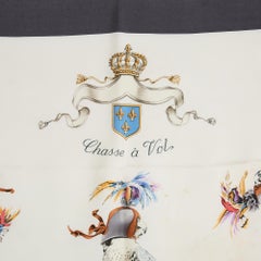 Hermès 1986 Foulard Carré 90 Soie Chasse a vol Grey Ecru Silk Twill Scarf Hermes