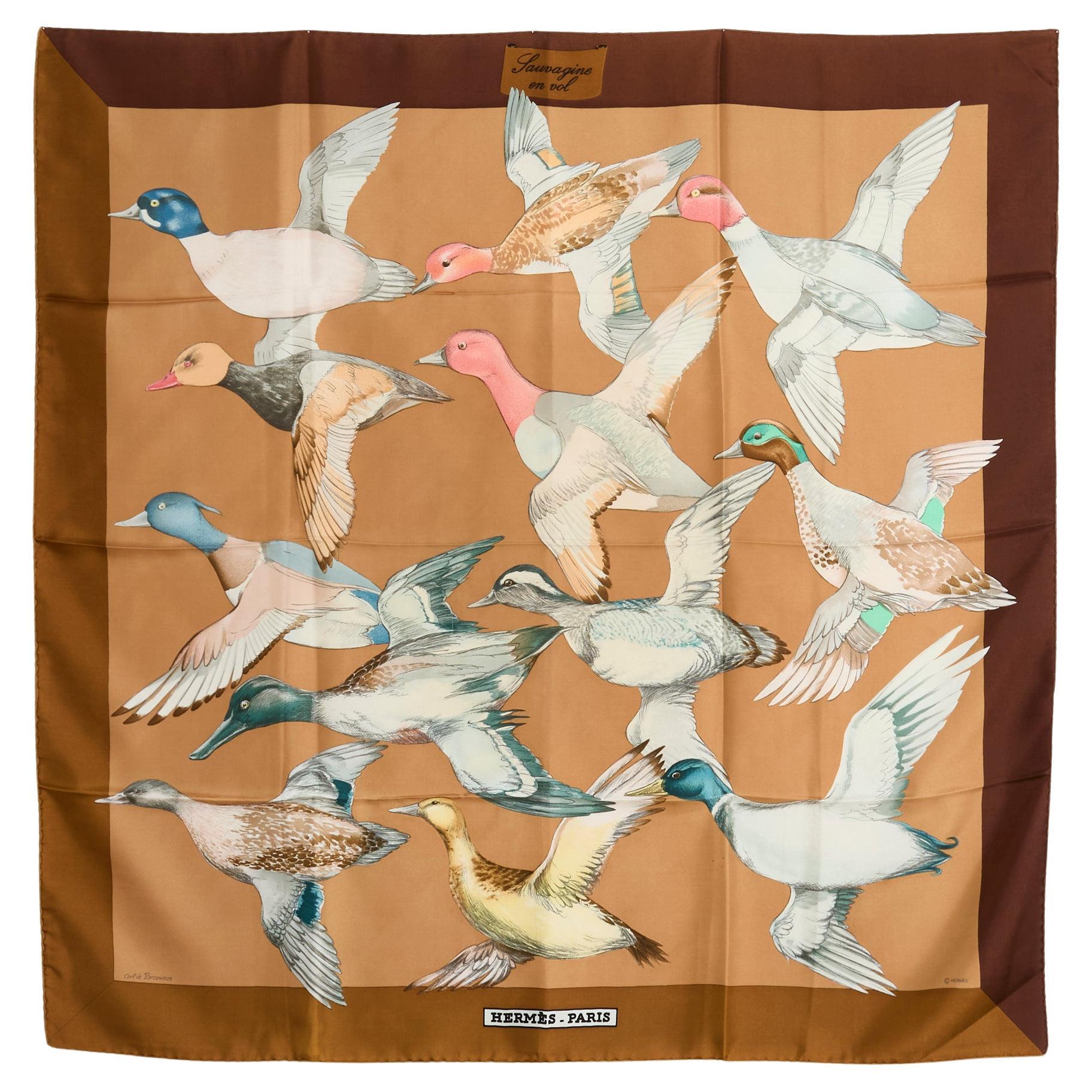 Hermès 1986 Foulard Soie Carre 90 Sauvagine en Vol Brown Silk Twill Scarf Hermes