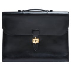 Hermès 1987 Sac a depeches 41 Hermes Porte-documents en cuir noir Sac à main Hermes