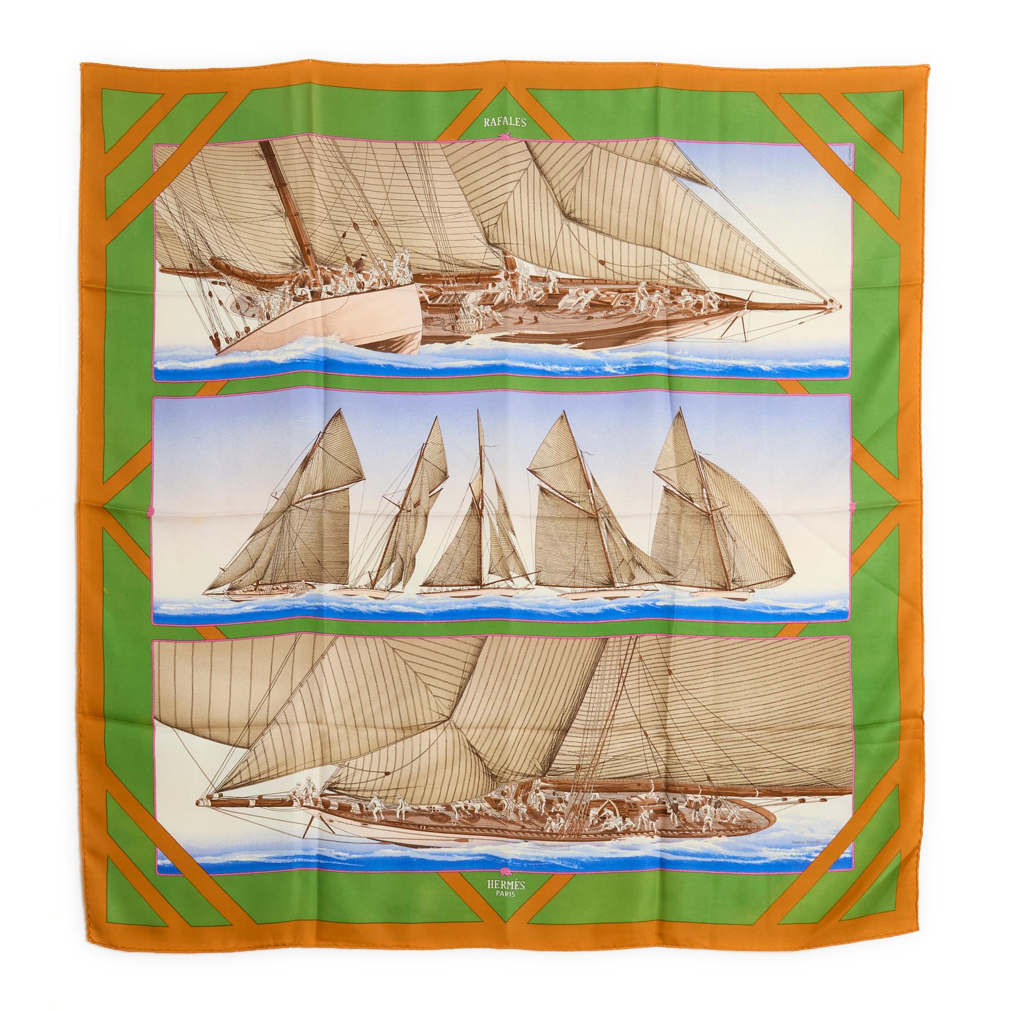 Hermès square scarf 90 in damask silk twill, Rafales pattern by Yannick Manier, published once in 1988, beige and blue tones, green background, ochre edges. Width 90 cm x length 90 cm approximately. The square is vintage and probably has some traces