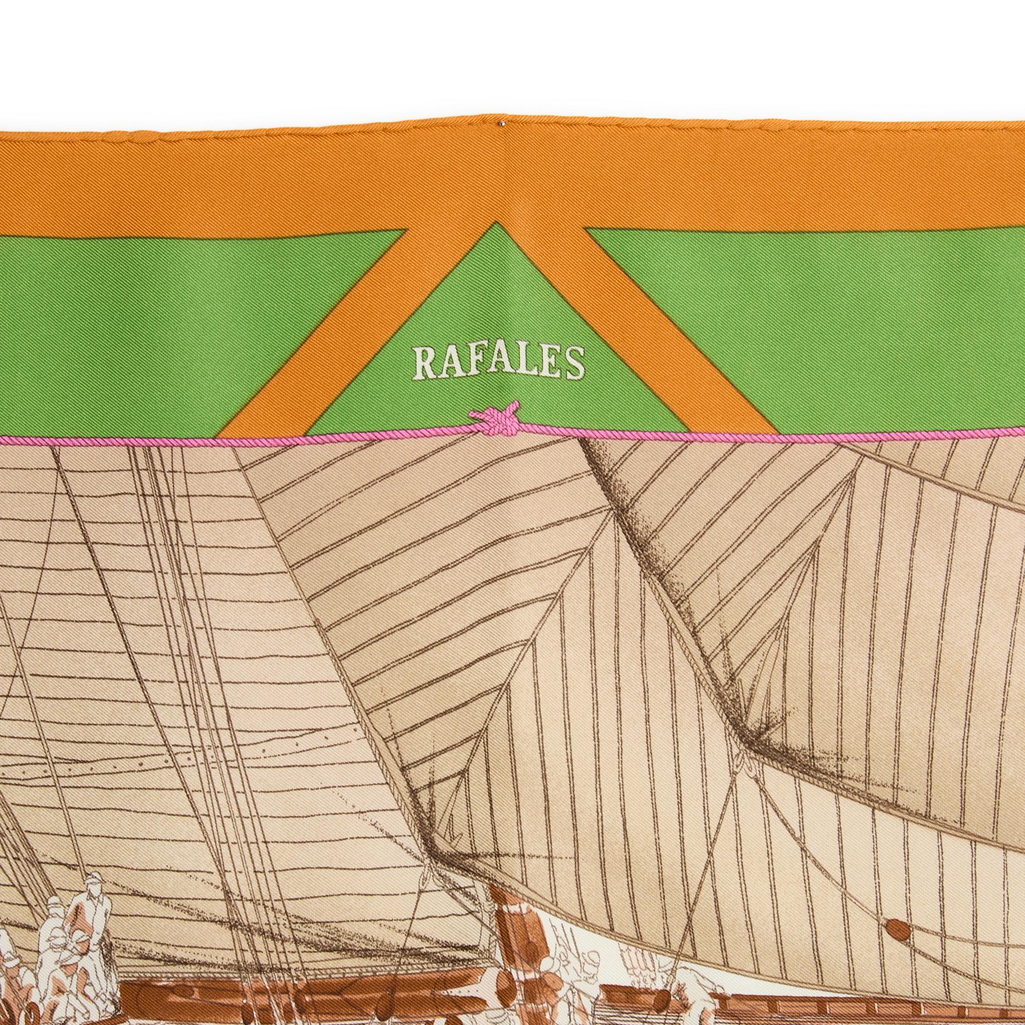 Brown Hermès 1988 Foulard Soie marine Carré 90 Rafales Green Silk Scarf Hermes For Sale