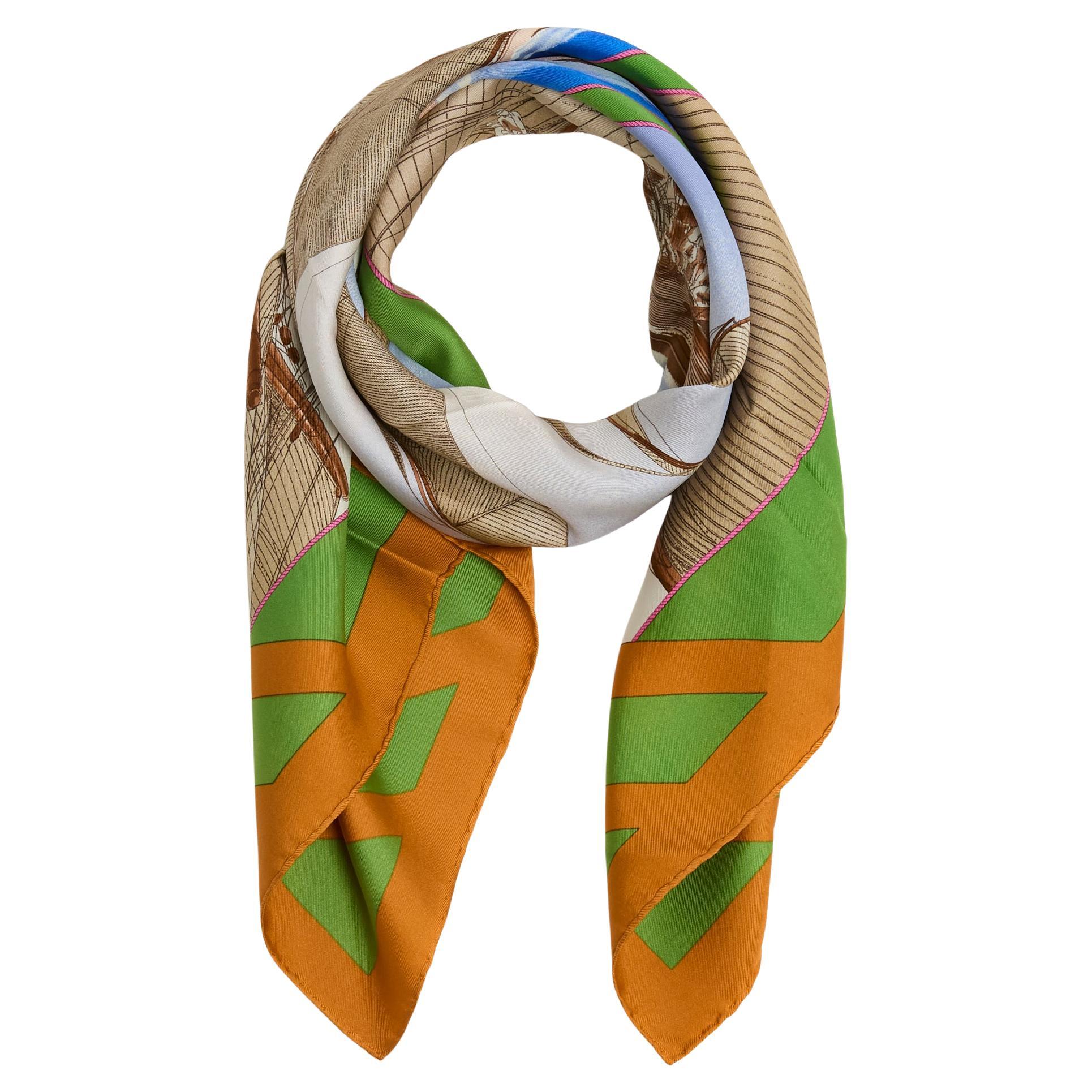 Hermès 1988 Foulard Soie marine Carré 90 Rafales Green Silk Scarf Hermes