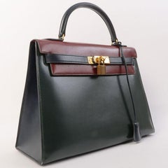 Hermes 1989 Made Kelly Bag 32Cm Rouge H/ Christine Vert Cypres/ Navy