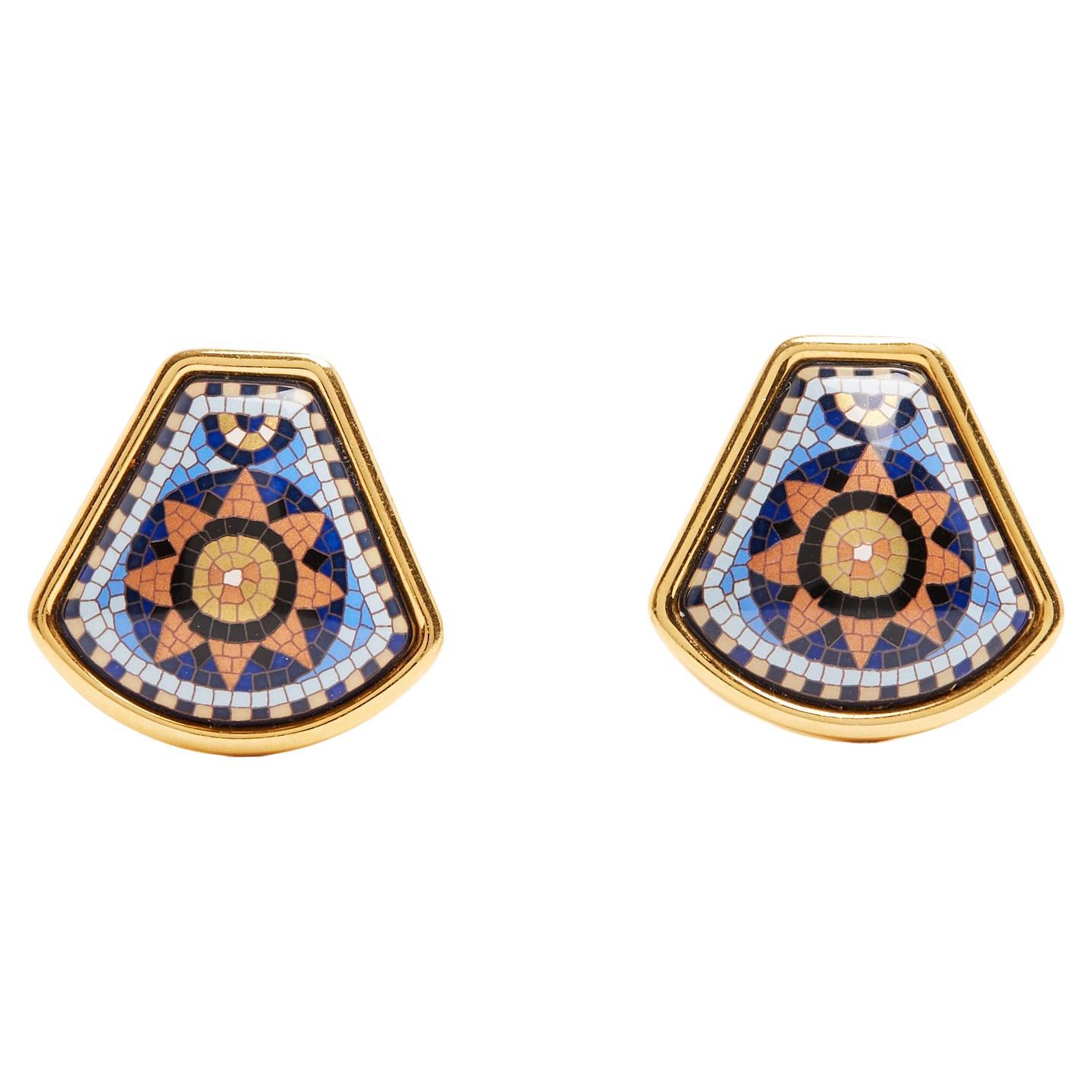 Hermès 1990s Boucles Clips Email Imprime Sun Mosaic Clip on orecchini Hermes