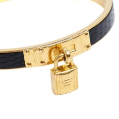 Hermès 1990s Bracelet Kelly Black Leather Golden Metal Bracelet Bangle Hermes