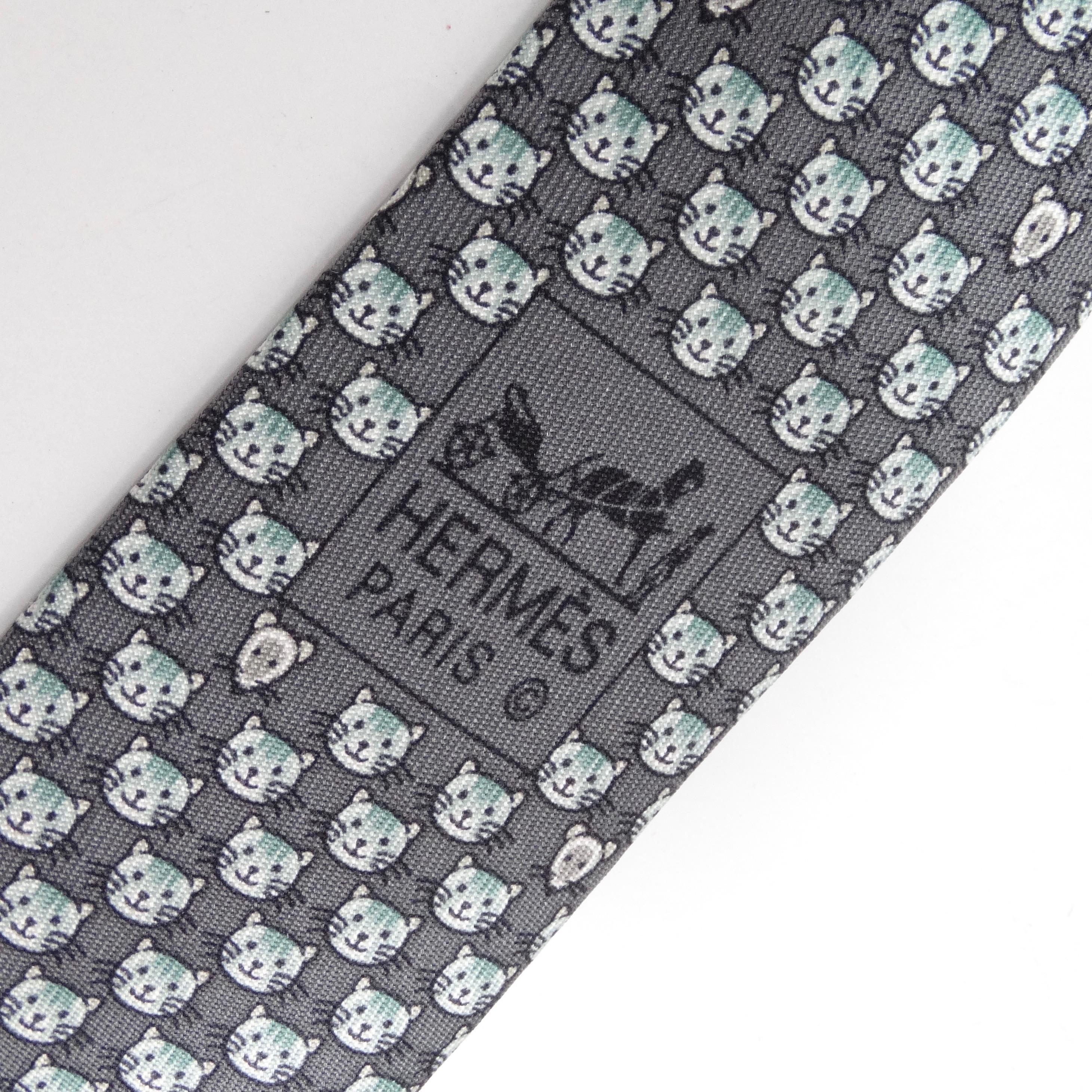 Gray Hermes 1990s Cat Print Tie