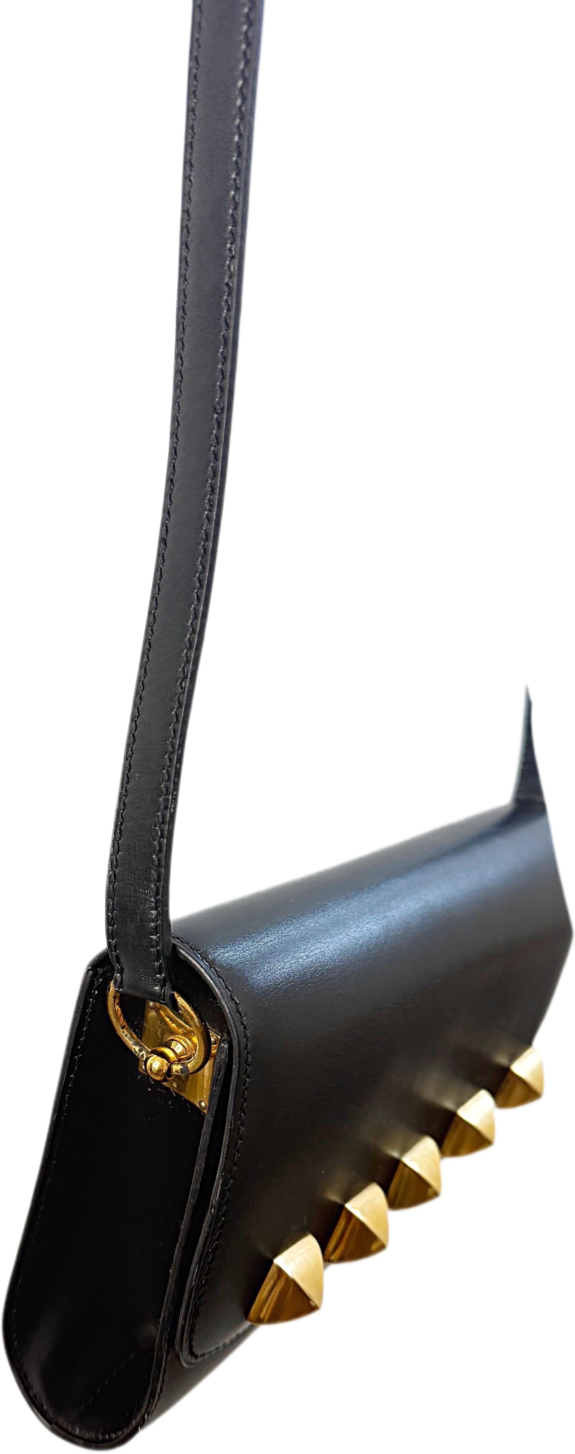 Women's or Men's Hermes 1990s Doggy Medor 3 Way Black Gold Studded Crossbody Shoulder Bag Clutch For Sale