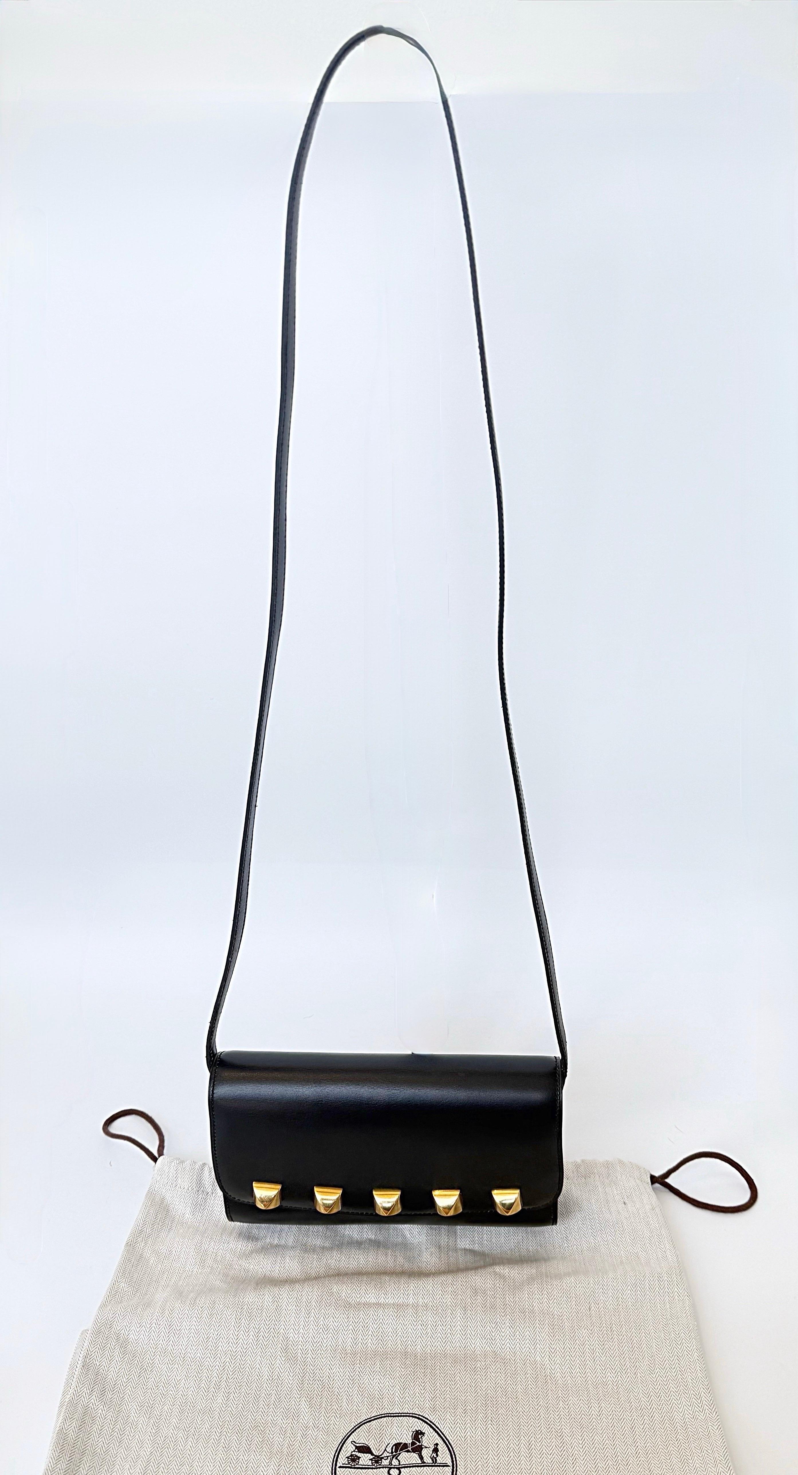 Hermes 1990s Doggy Medor 3 Way Black Gold Studded Crossbody Shoulder Bag Clutch For Sale 3