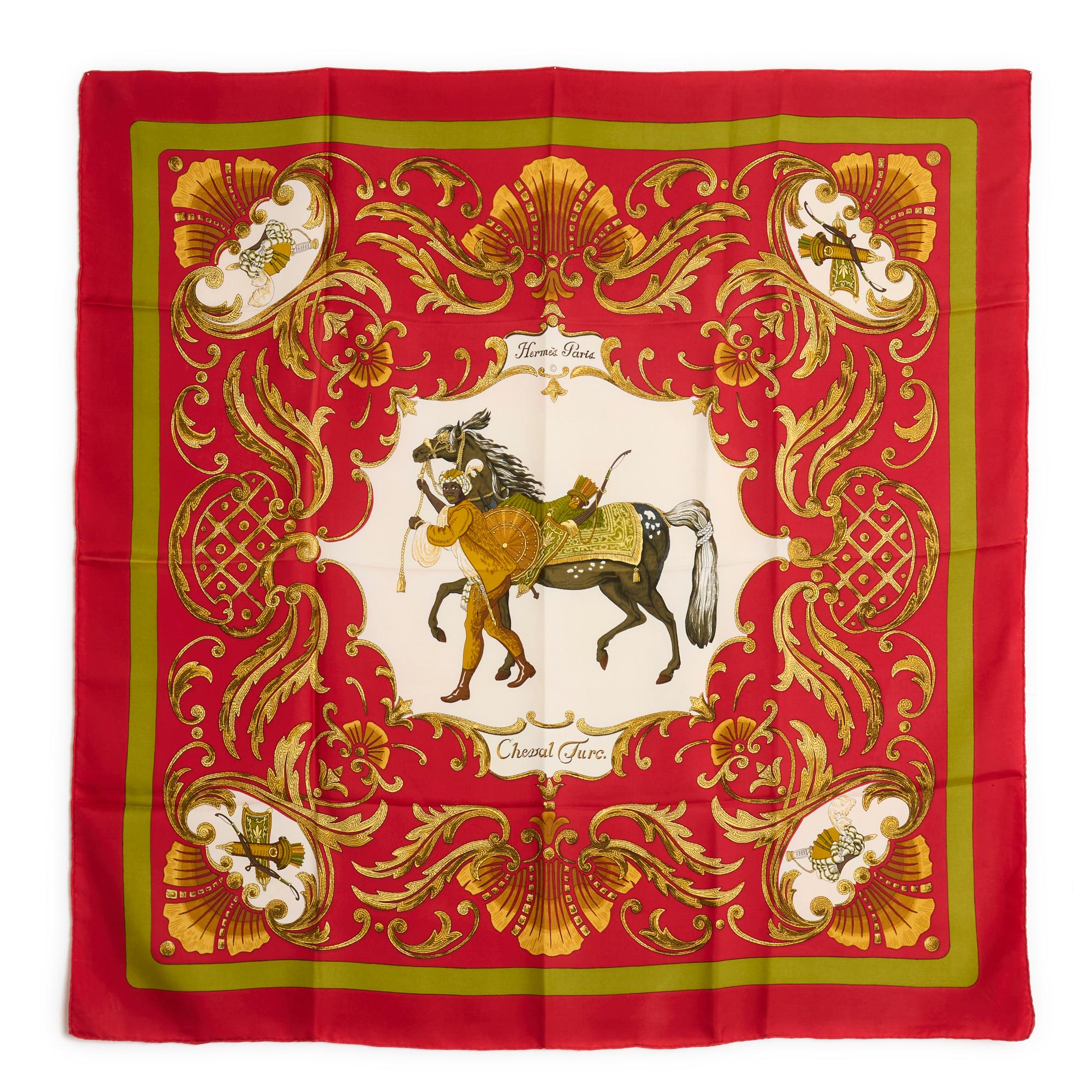 Hermès square scarf 90 in damask silk twill, Turkish Horse pattern by Christiaine Vauzelles, first published in 1970, reissued in 1989 and 1991 (like this one) then in 2002, red and gold tones. Width 90 cm x length 90 cm approximately. The square is