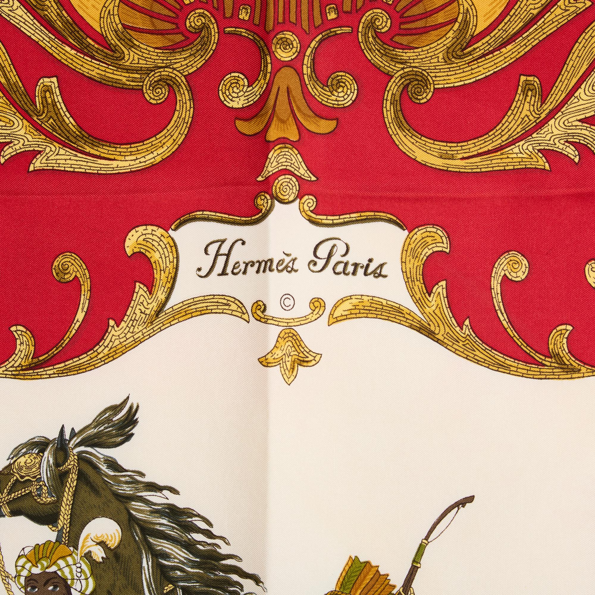 Brown Hermès 1990s Foulard Soie Carré 90 Cheval Turc Red Gold Silk Scarf Hermes