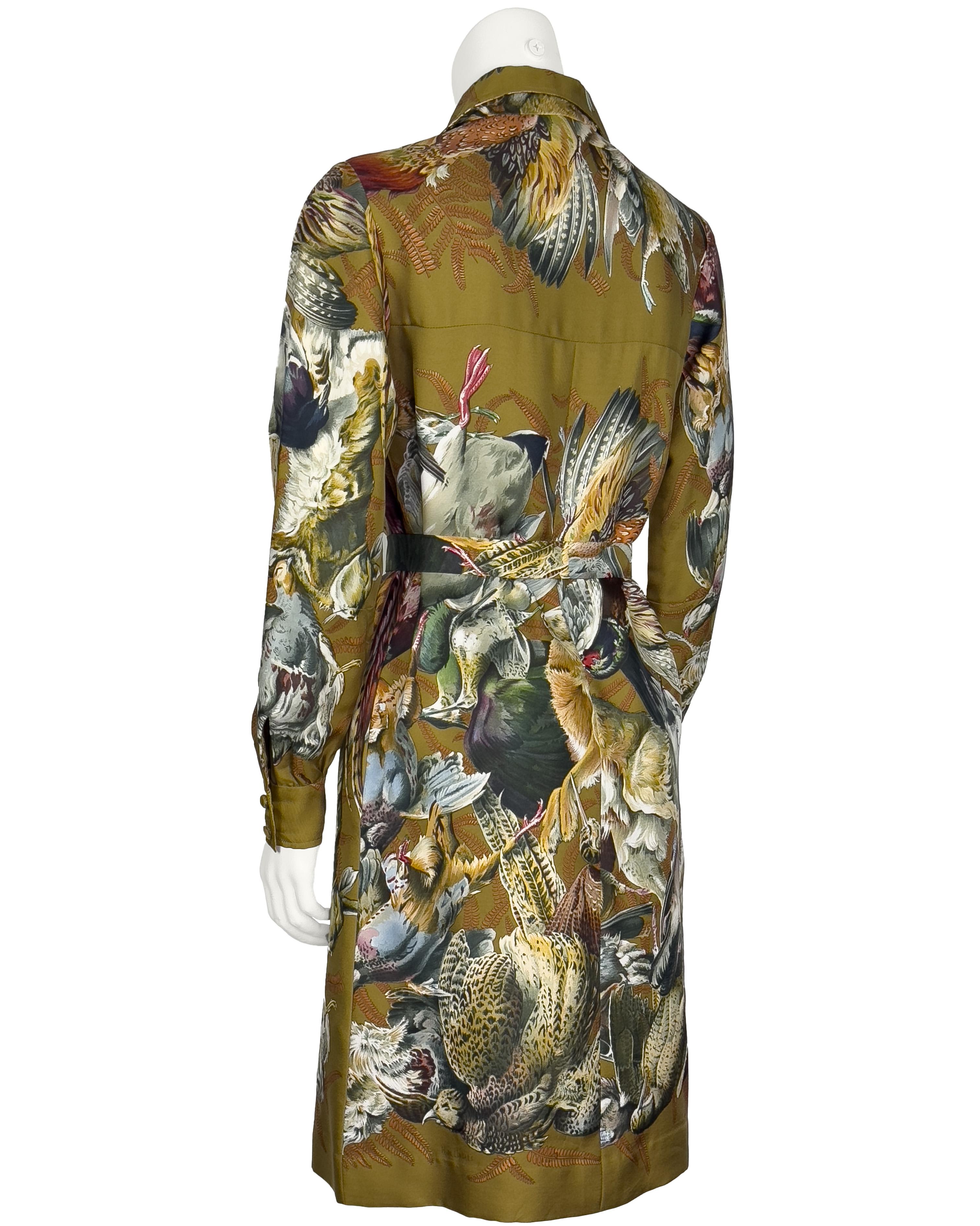 Brown Hermes 1990's H. de Linares  Silk Shirtdress Gibiers Pattern For Sale