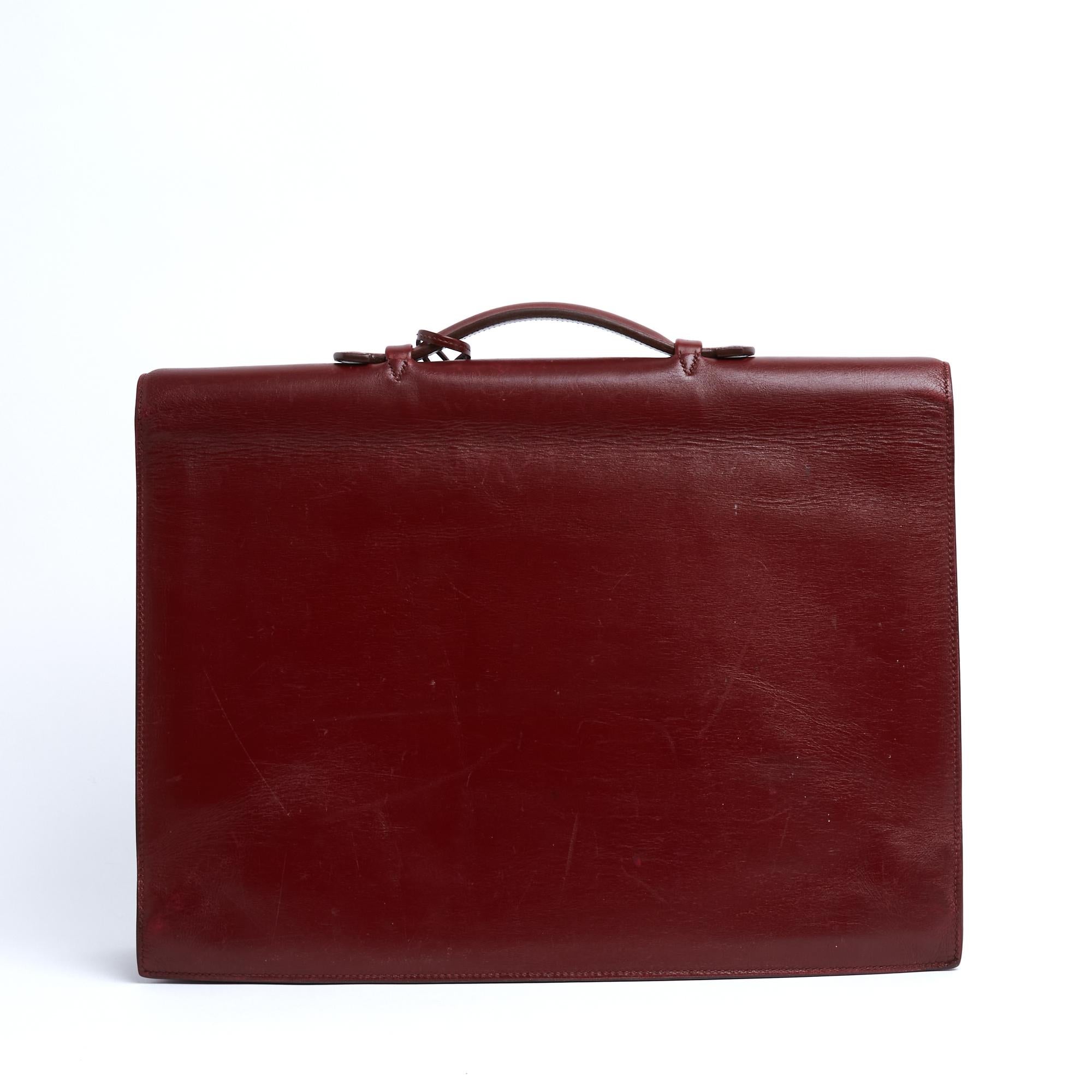 Brown Hermès 1990s Sac a depeches 41 Hermes Red box leather brief case hand bag For Sale