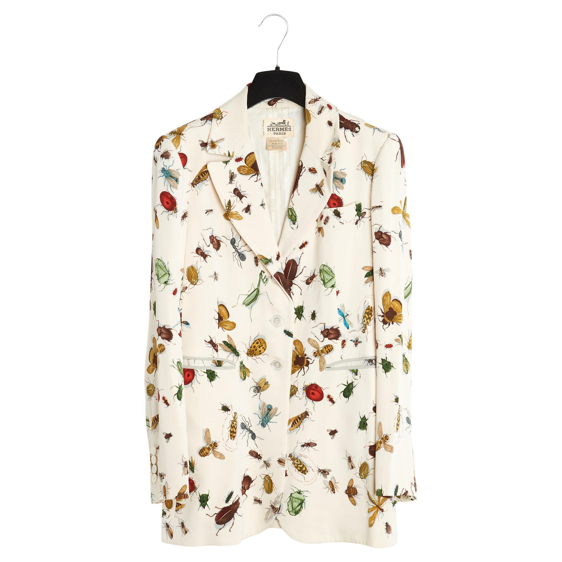 Hermès 1990s Veste Soie Insectes FR38 Ecru Silk Twill Jacket UK10 US8 Hermes