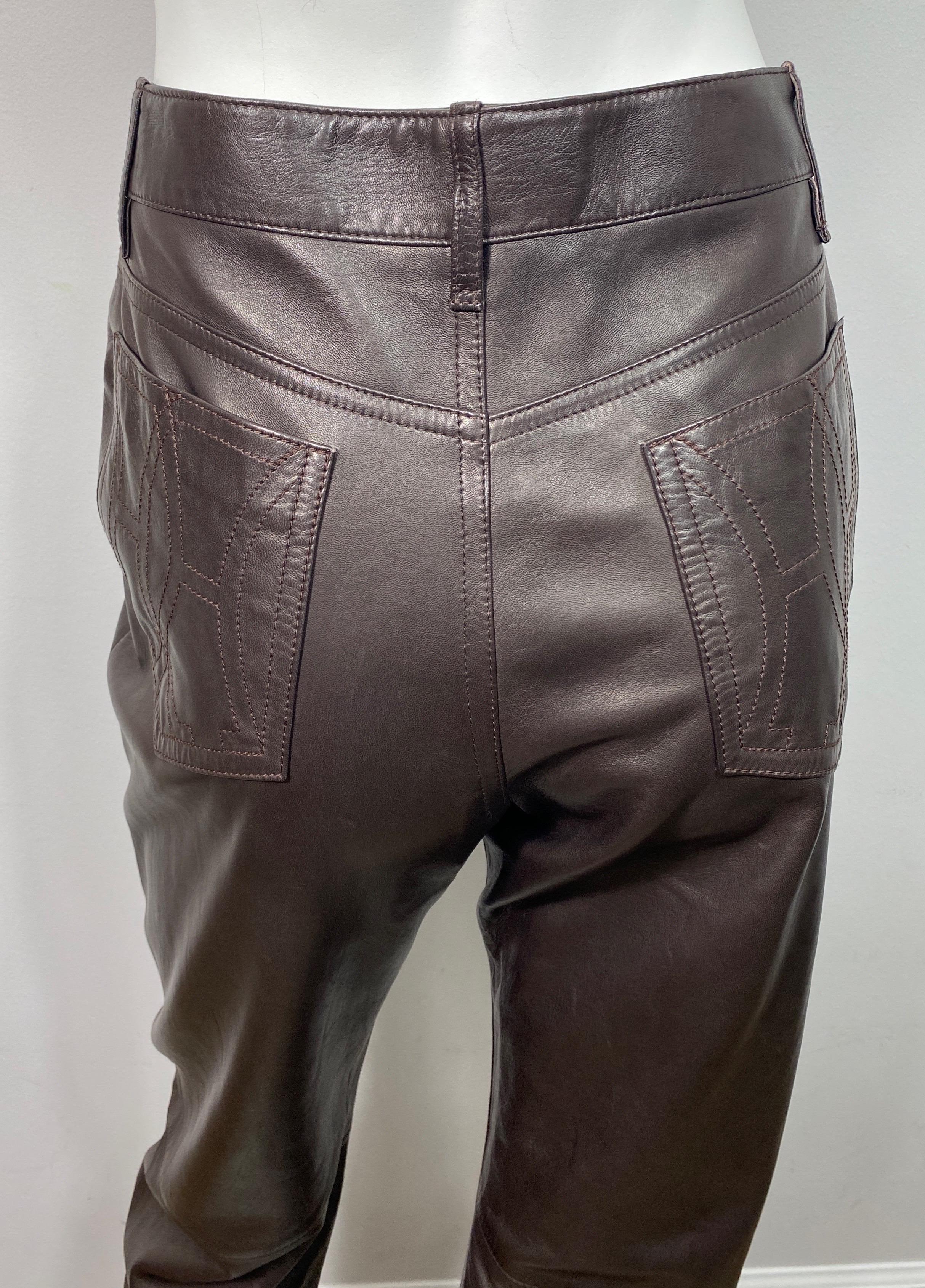 Hermes 1990’s Vintage Chocolate Brown Jean Style Leather Pants - Size 42 For Sale 8