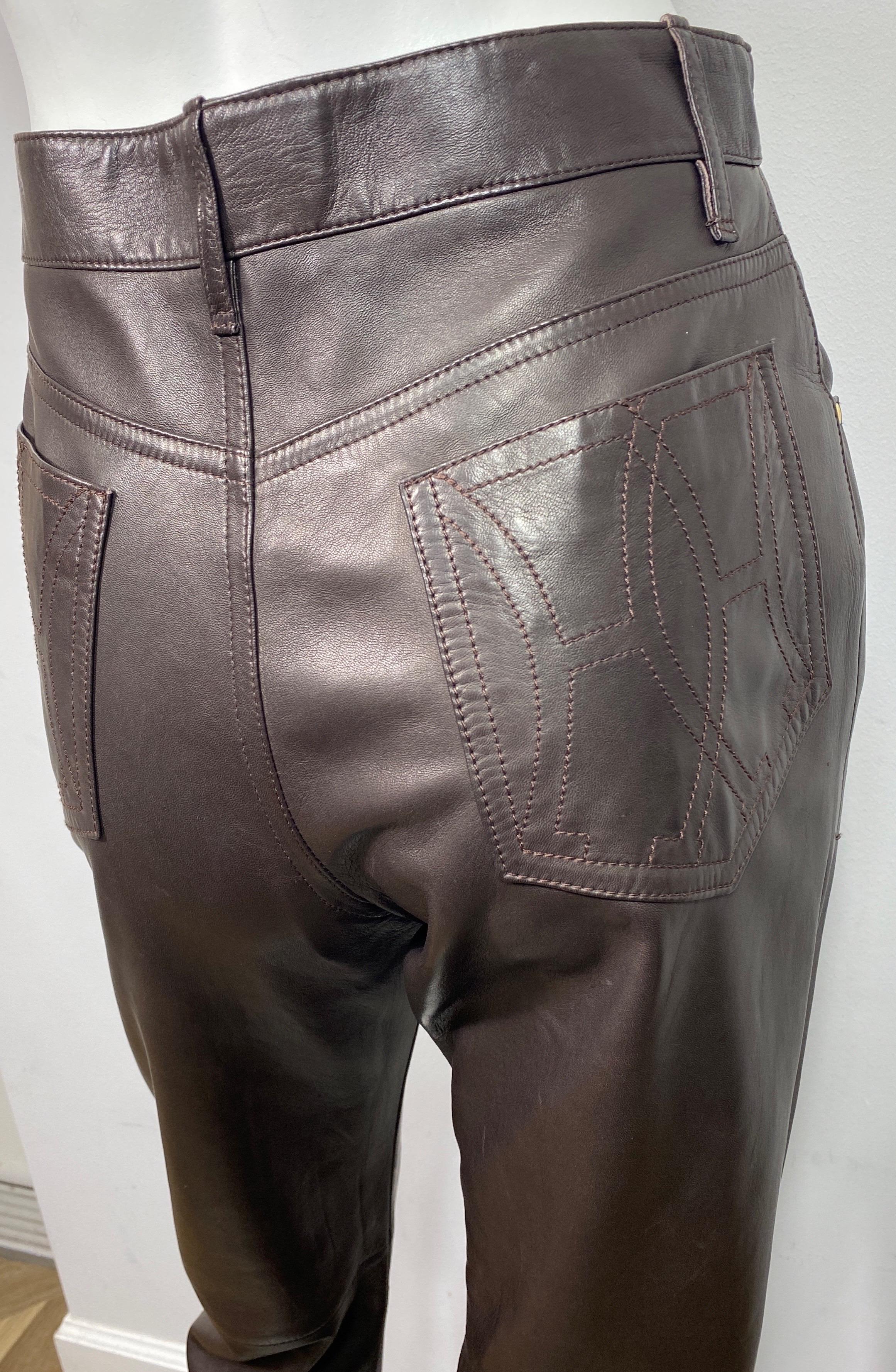 Hermes 1990’s Vintage Chocolate Brown Jean Style Leather Pants - Size 42 For Sale 9