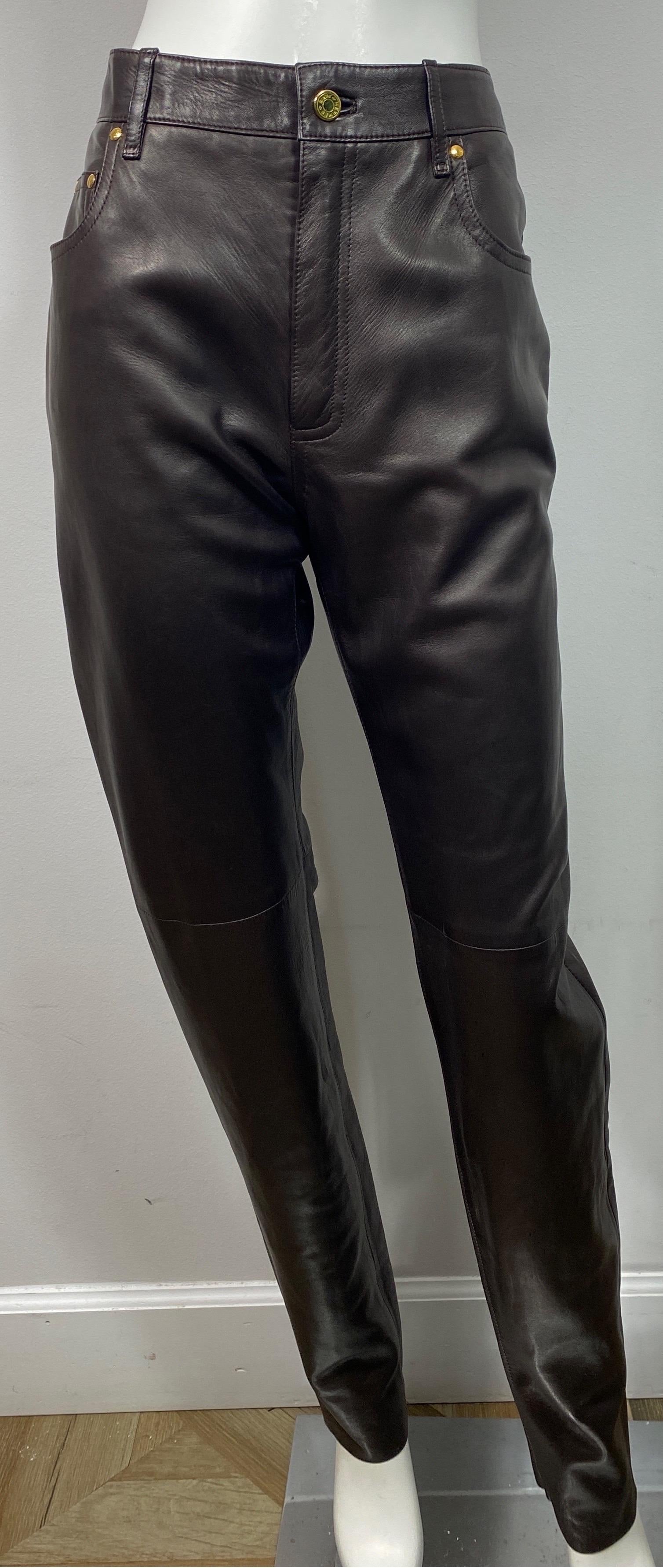 Hermes 1990’s Vintage Chocolate Brown Jean Style Leather Pants - Size 42  These EXTREMELY RARE vintage leather pants by Hermes are a treasure find. The pants are made of the finest lambskin leather, are a jean style cut, high waisted, 6” by 6”