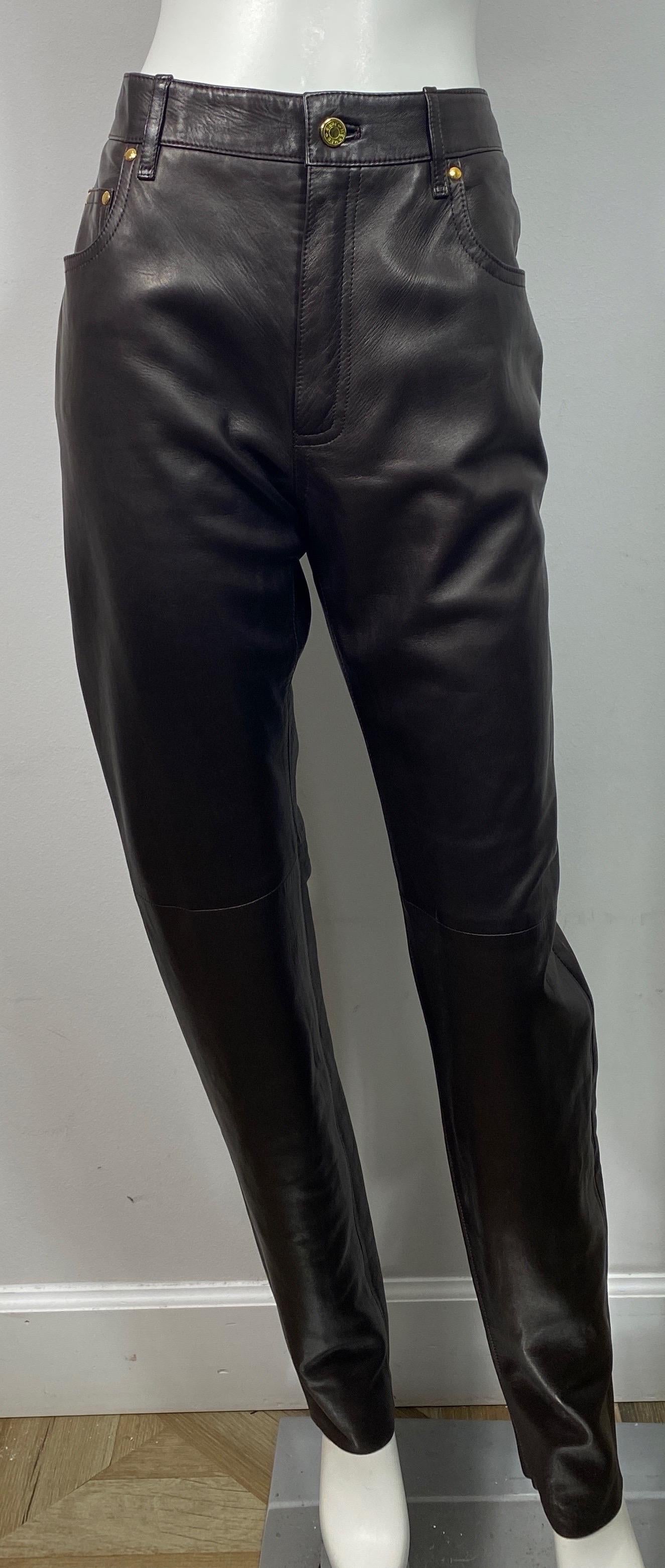 Black Hermes 1990’s Vintage Chocolate Brown Jean Style Leather Pants - Size 42 For Sale