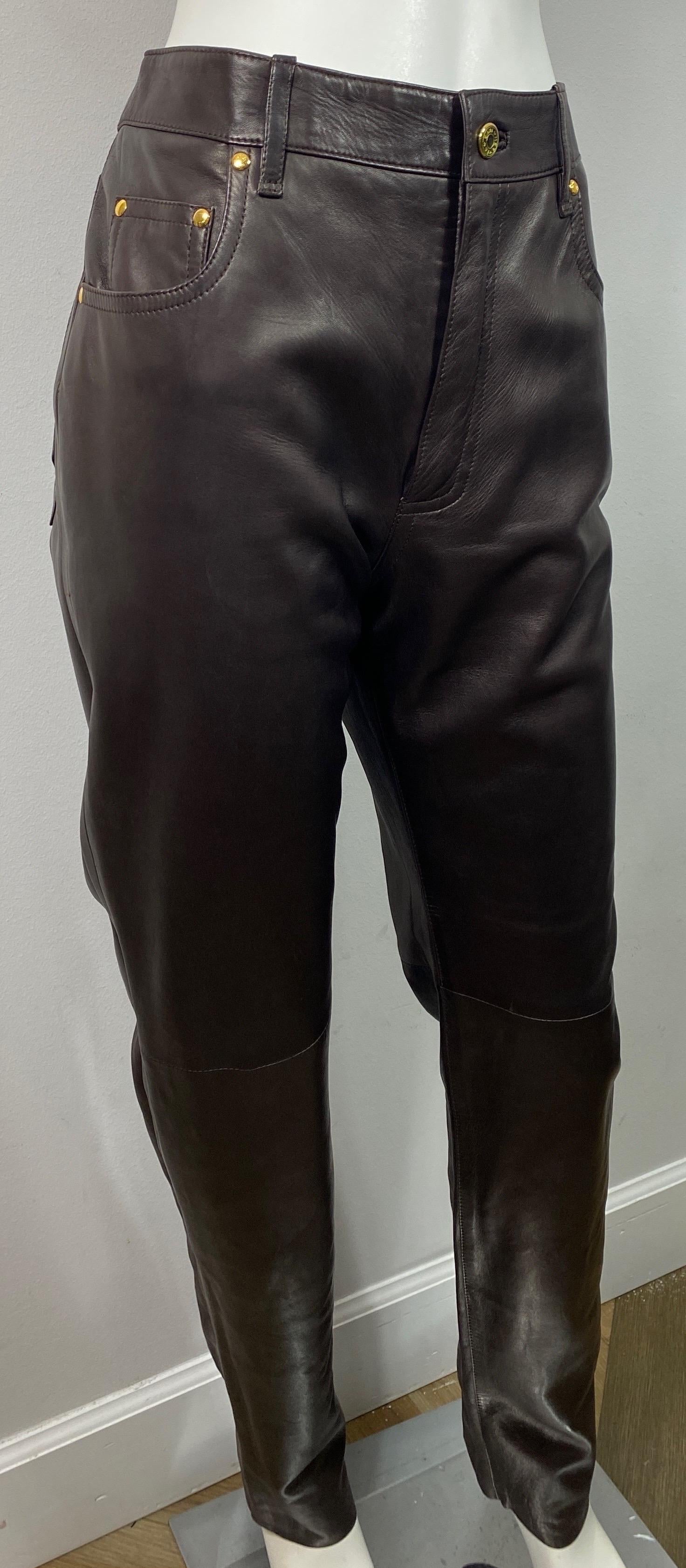 Women's Hermes 1990’s Vintage Chocolate Brown Jean Style Leather Pants - Size 42 For Sale