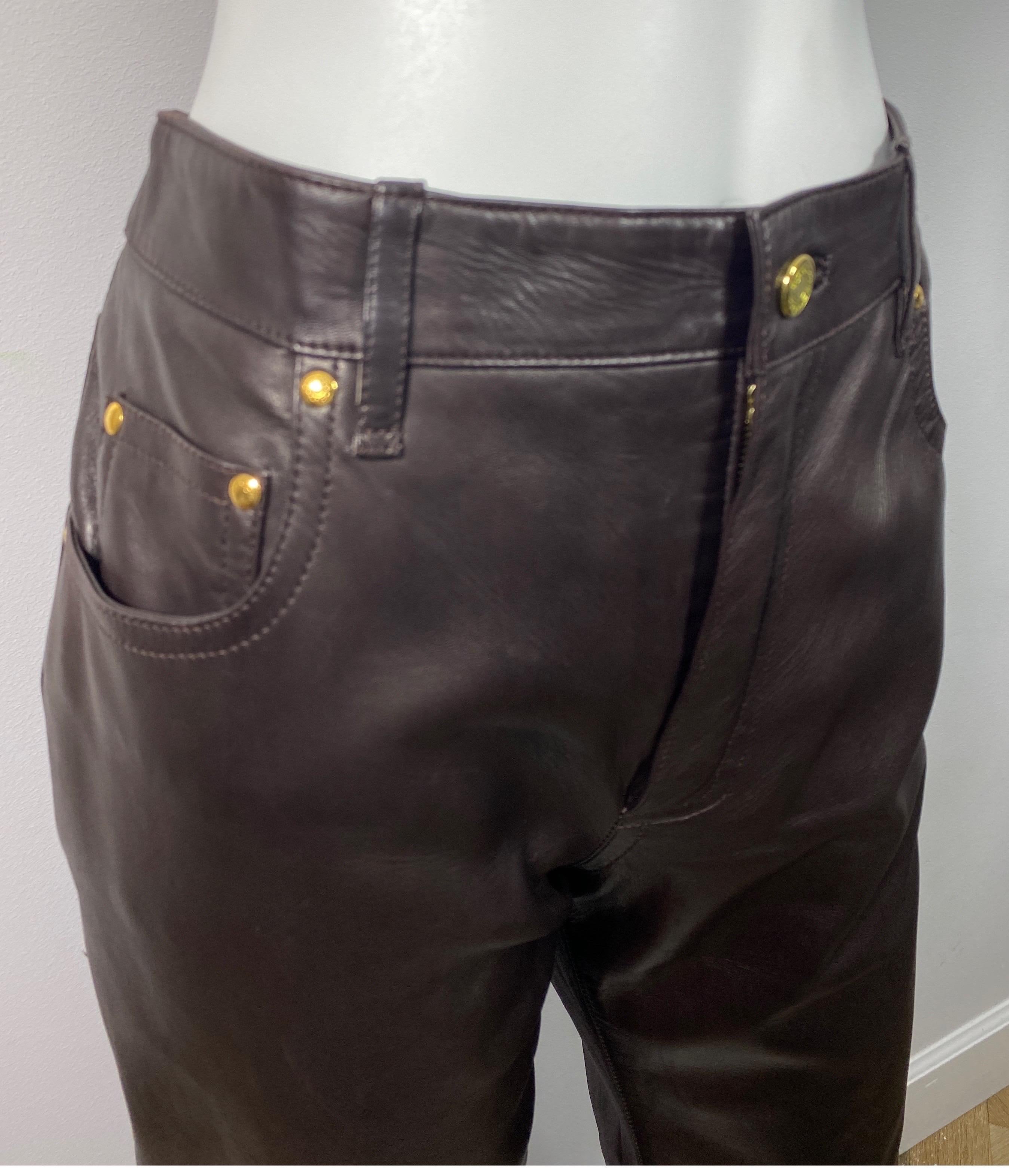 Women's Hermes 1990’s Vintage Chocolate Brown Jean Style Leather Pants - Size 42 For Sale