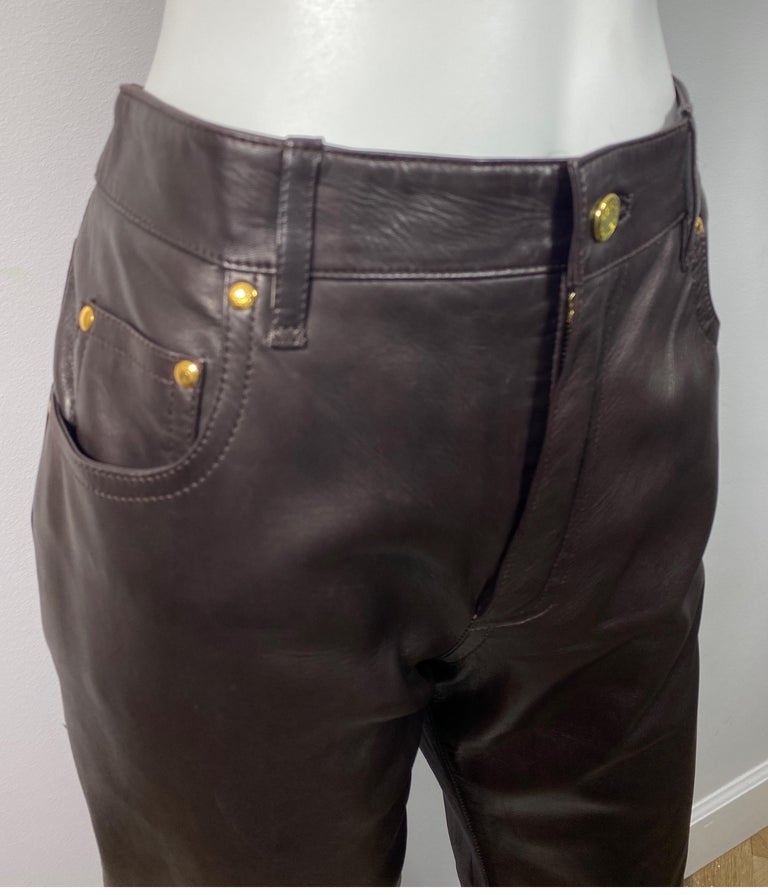 Hermes 1990's Vintage Chocolate Brown Jean Style Leather Pants