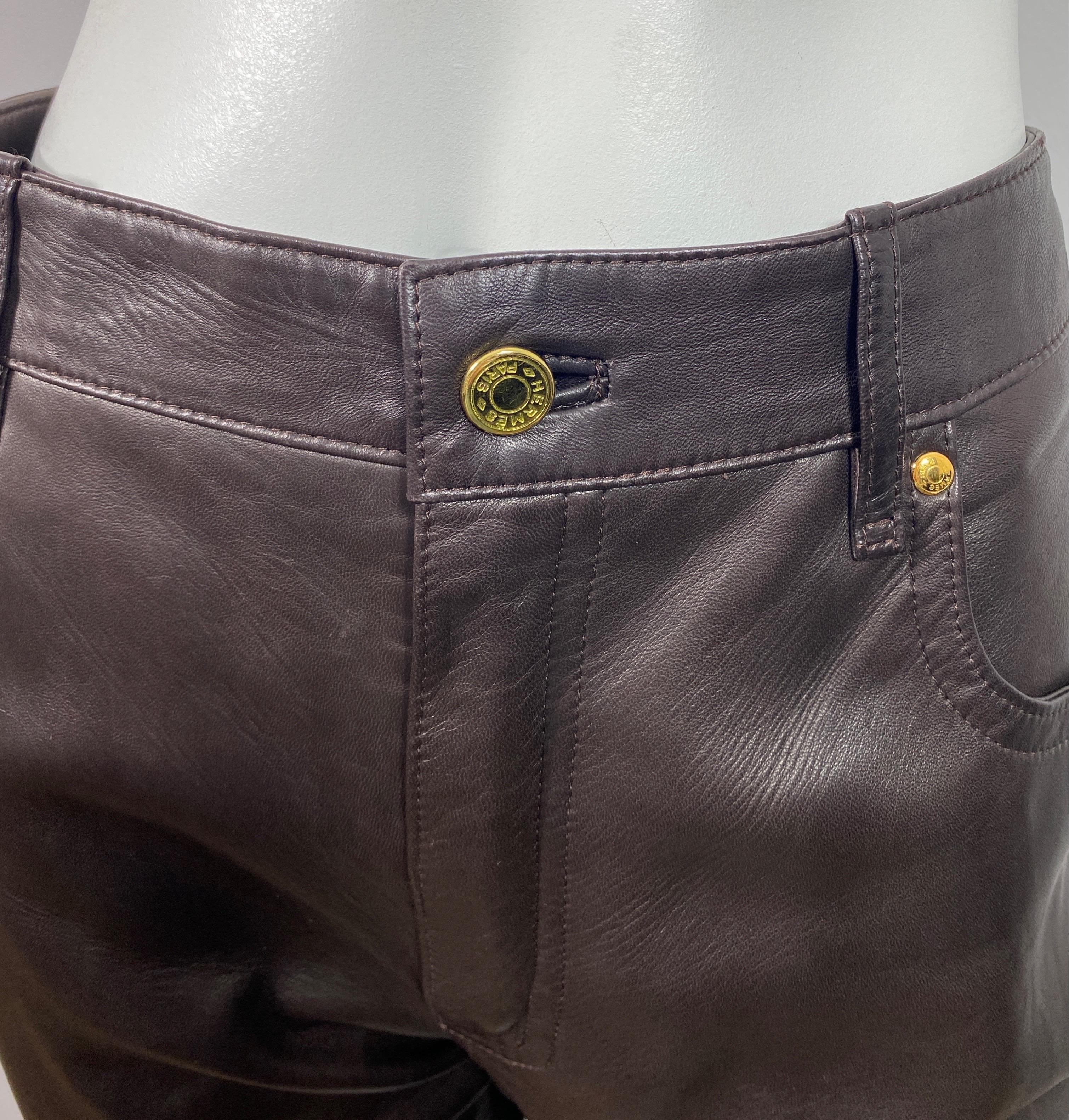 Hermes 1990’s Vintage Chocolate Brown Jean Style Leather Pants - Size 42 For Sale 2