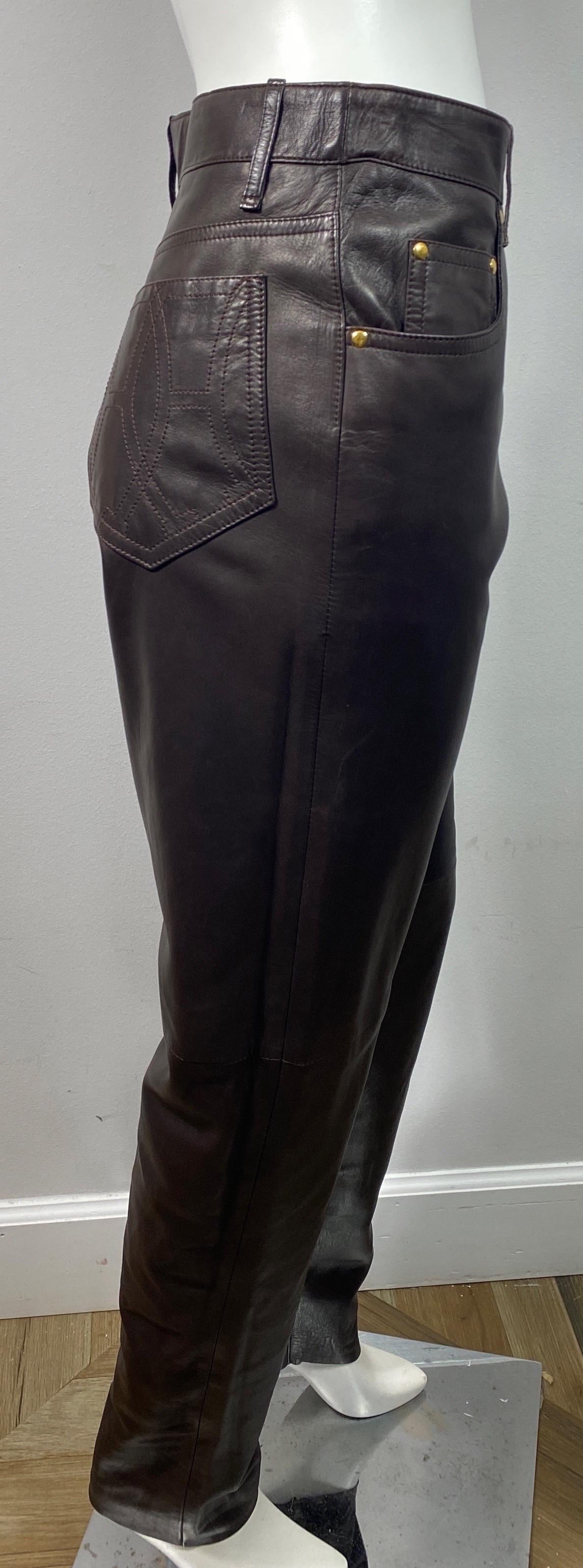 Hermes 1990’s Vintage Chocolate Brown Jean Style Leather Pants - Size 42 For Sale 3