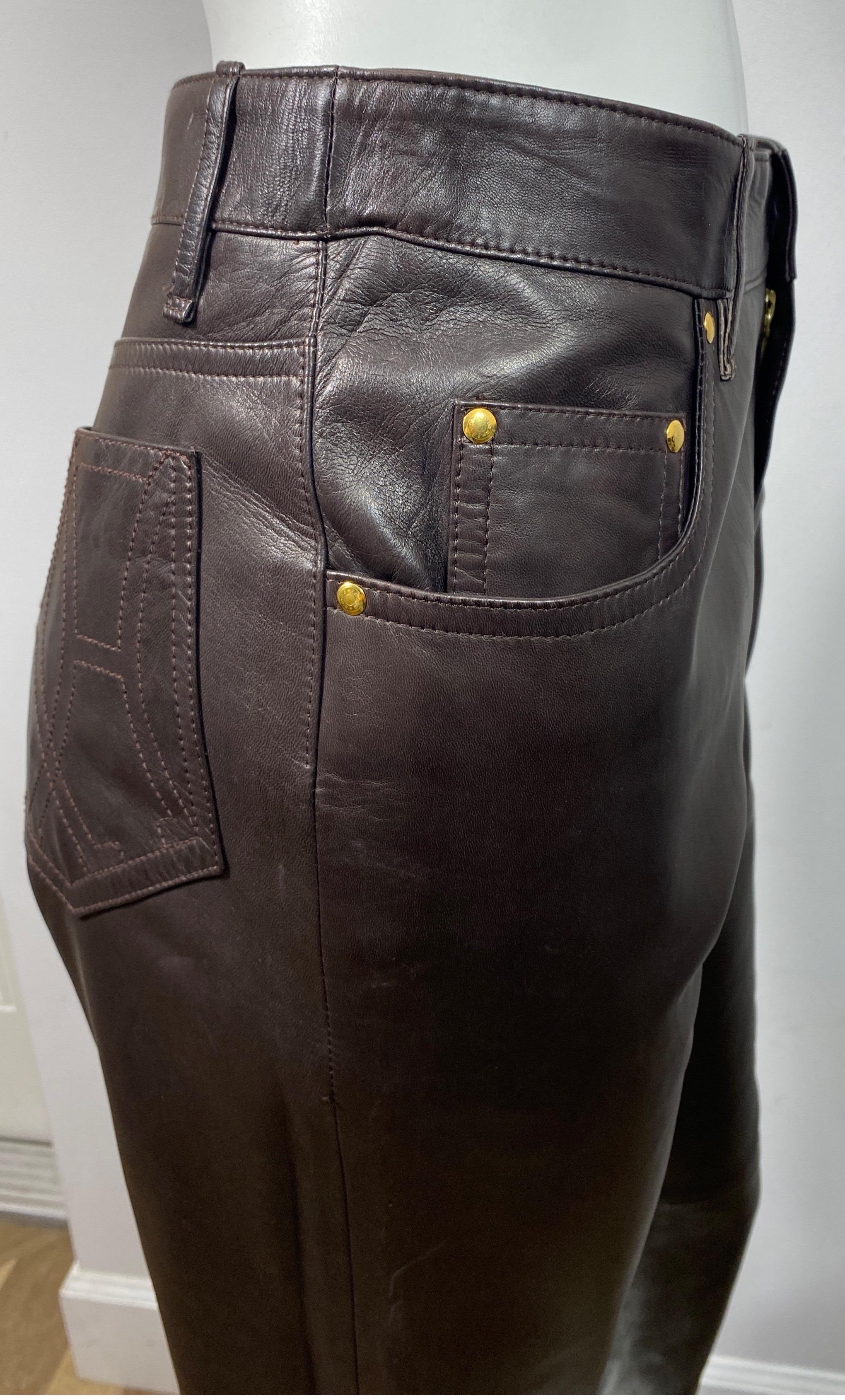 Hermes 1990’s Vintage Chocolate Brown Jean Style Leather Pants - Size 42 For Sale 5