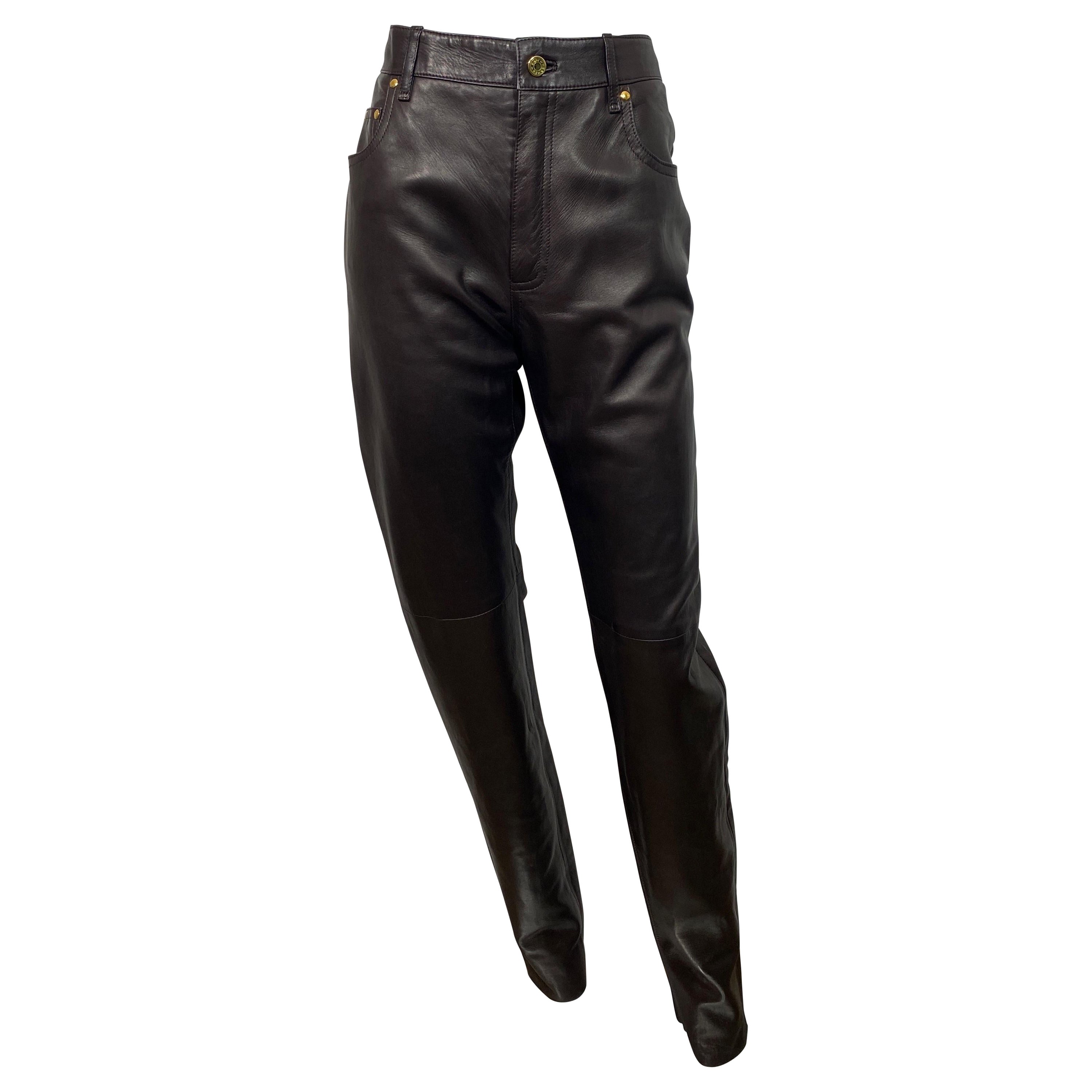 Hermes 1990's Vintage Chocolate Brown Jean Style Leather Pants - Size 42