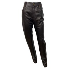 Pantaloni in pelle stile jeans di Hermes del 1990, vintage, color cioccolato marrone - Taglia 42