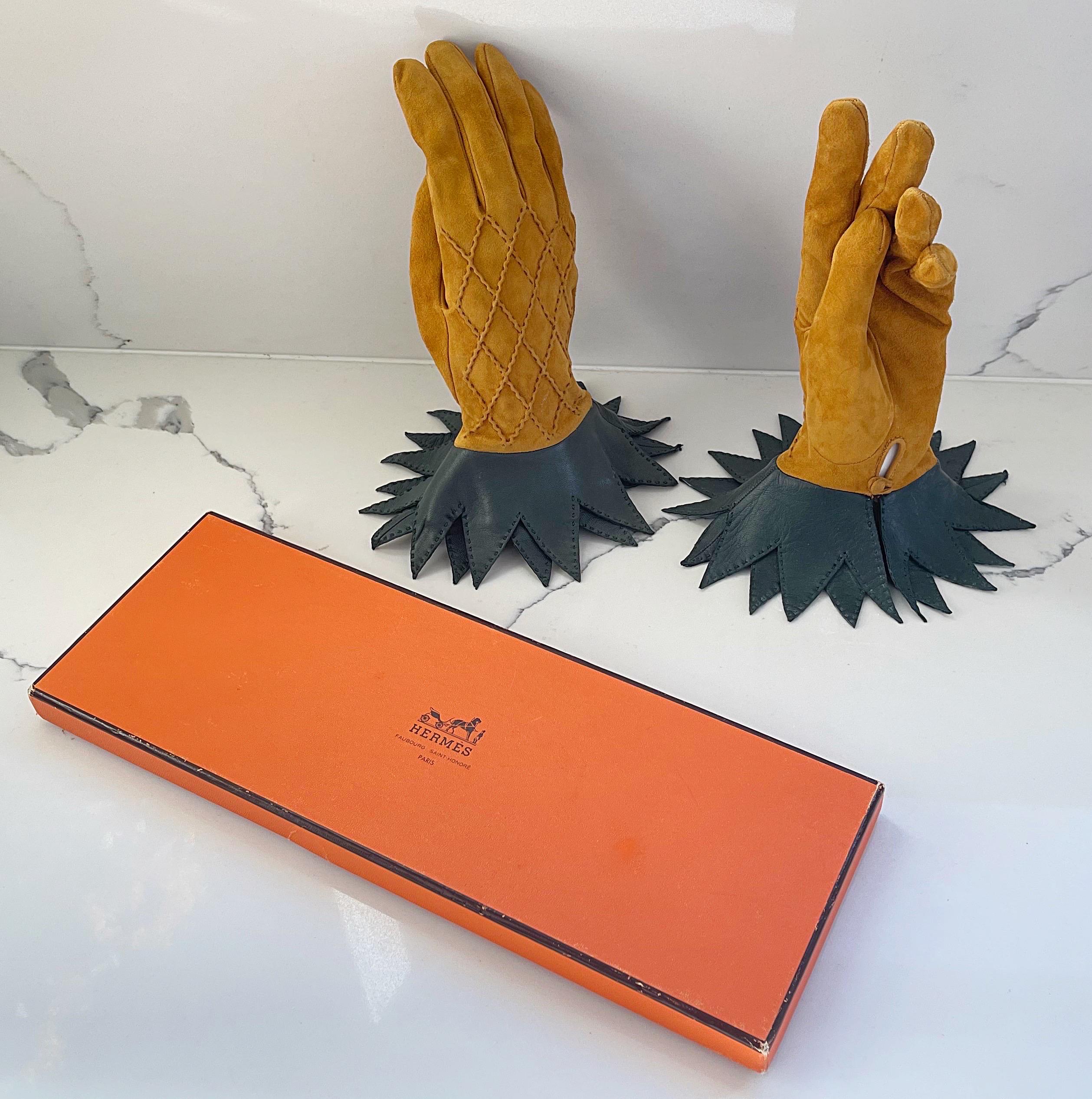 Hermès 1990er Vintage Ananas Neuheit Wildleder Größe 7,5 90er Handschuhe im Angebot 5