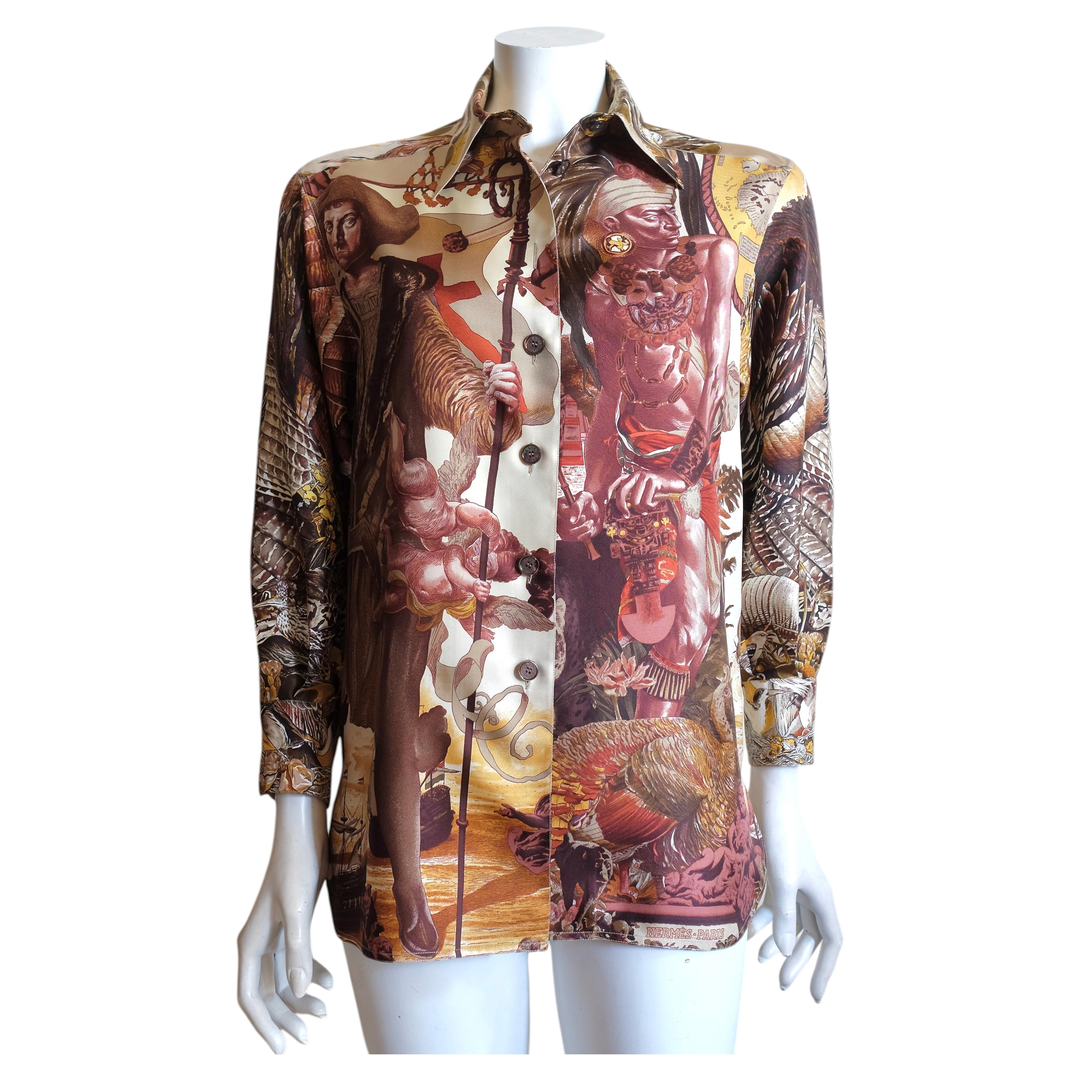HERMÈS - Camisa de seda para mujer de los años 90 con los emblemáticos estampados de Oliver Kermit en venta