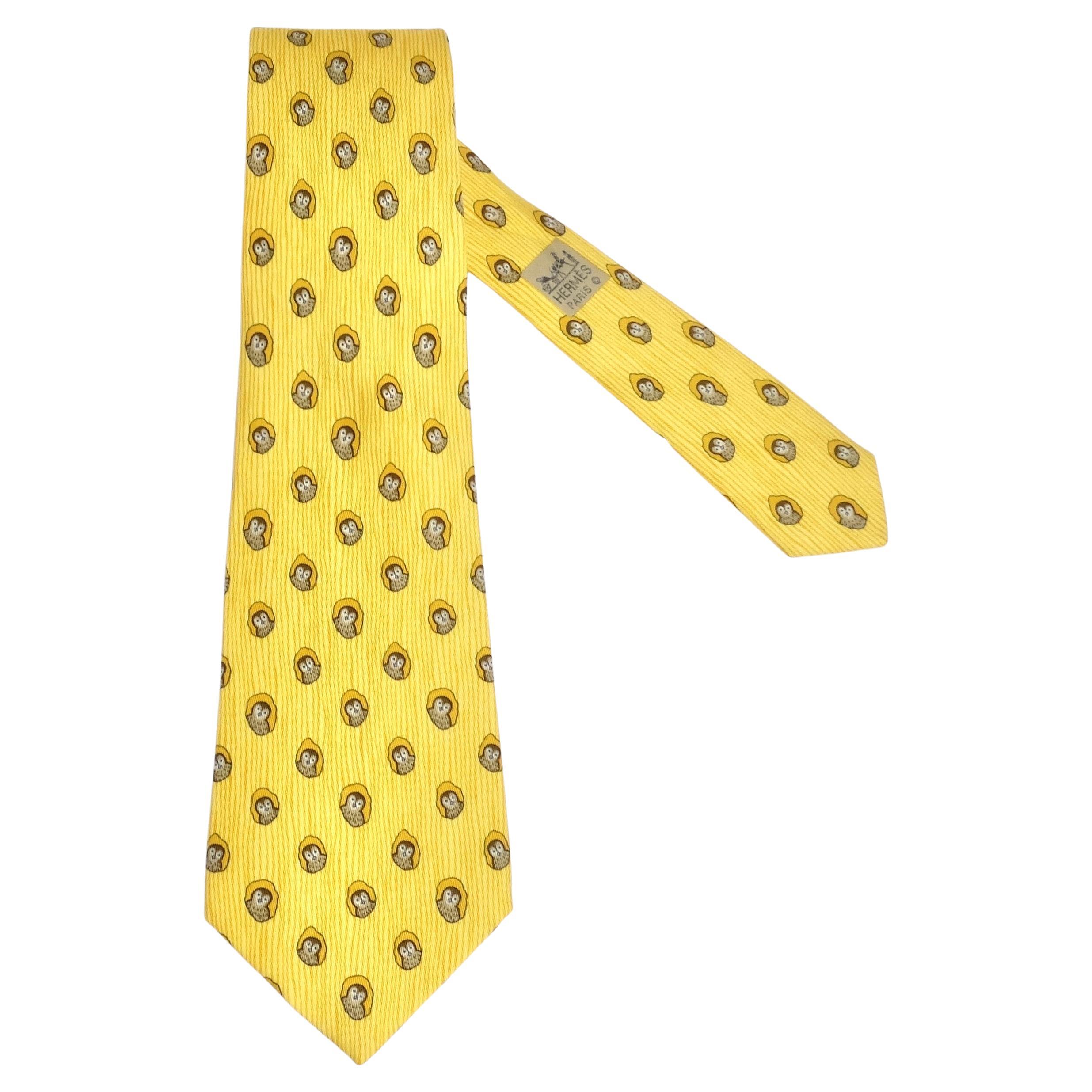 Hermes 1990s Yellow Owl Tie