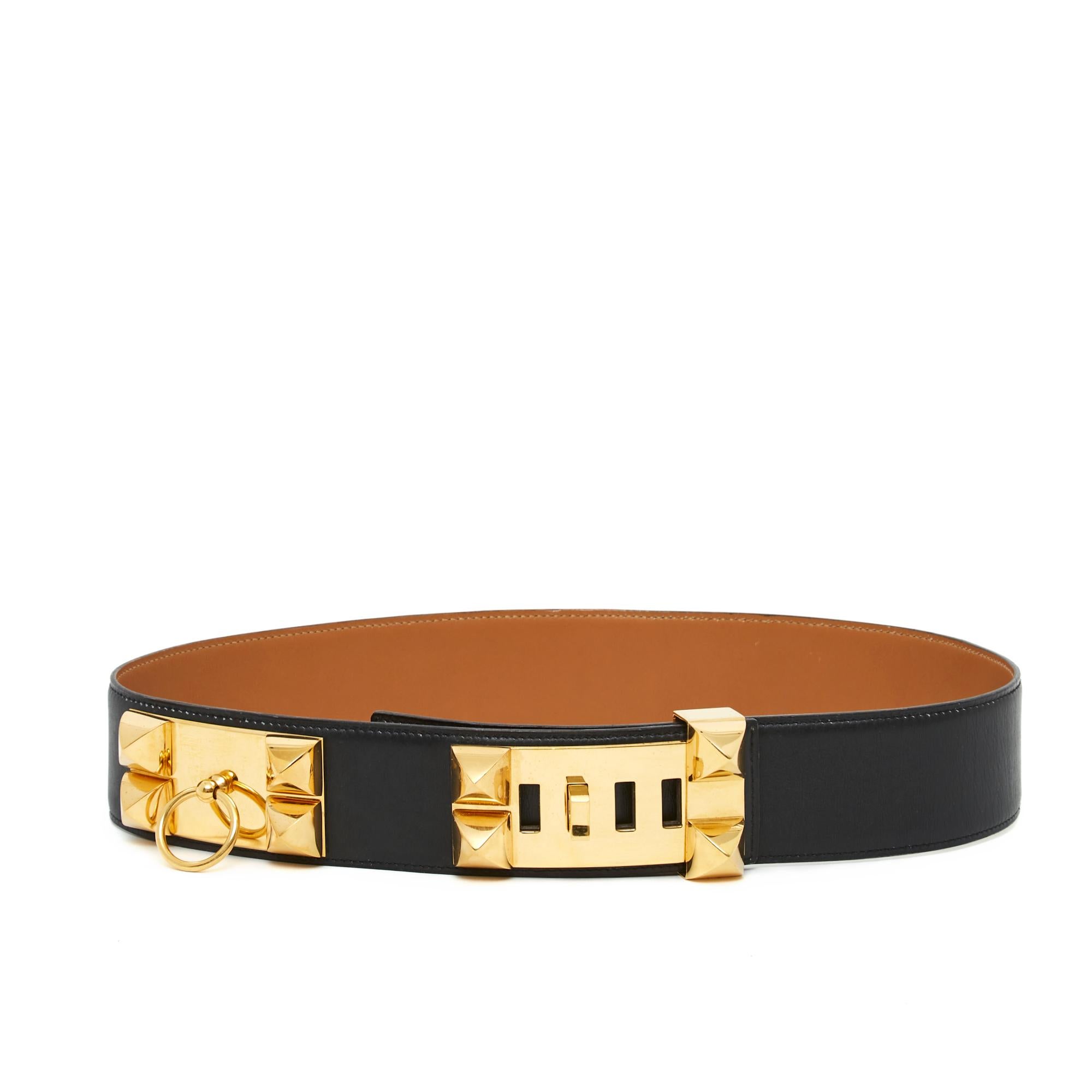 Hermès belt, Collier de Chien Large model (or Médor for close friends ;-) in black box leather and gold metal, year 1991. Size 74 cm, total length 86 cm, closure from 72 to 78 cm on 5 holes, width of the belt (leather) 4.8 cm. The belt is vintage