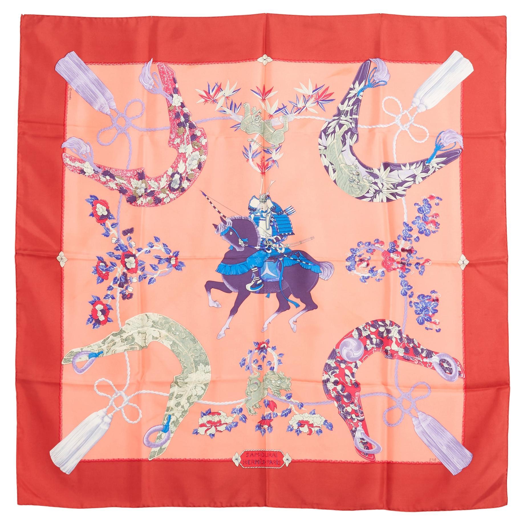 Hermès 1991 Foulard Carré 90 Samourai Rouge Corail Soie Foulard Hermès en vente