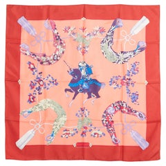 Hermès 1991 Foulard Carré 90 Samourai Sciarpa di seta rosso corallo Hermès