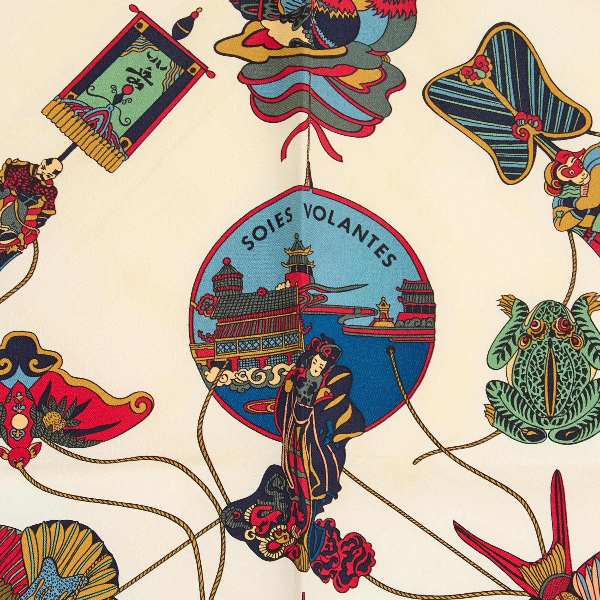 Beige Hermès 1991 Foulard Carré 90 Soies Volantes Navy Ecru Silk Scarf Hermes For Sale
